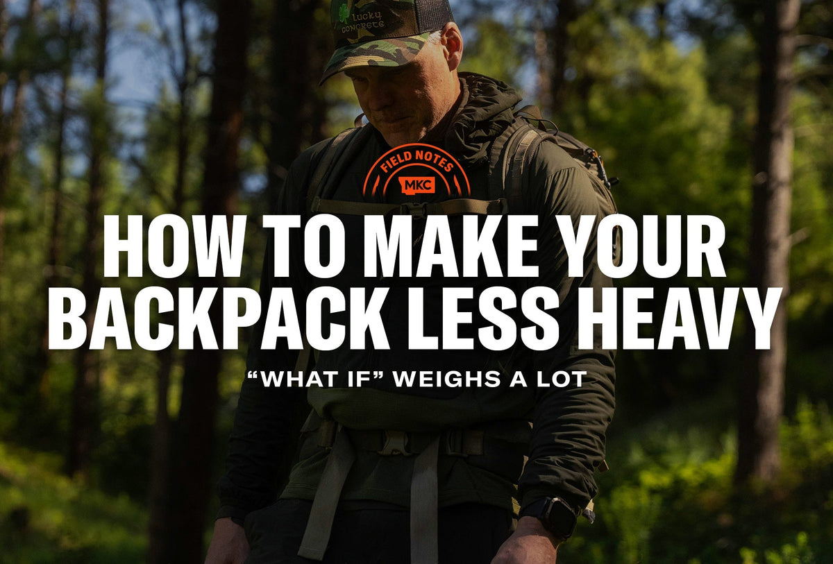 Outdoor hiker wearing a backpack in a sunlit forest with overlaid text about reducing pack weight.