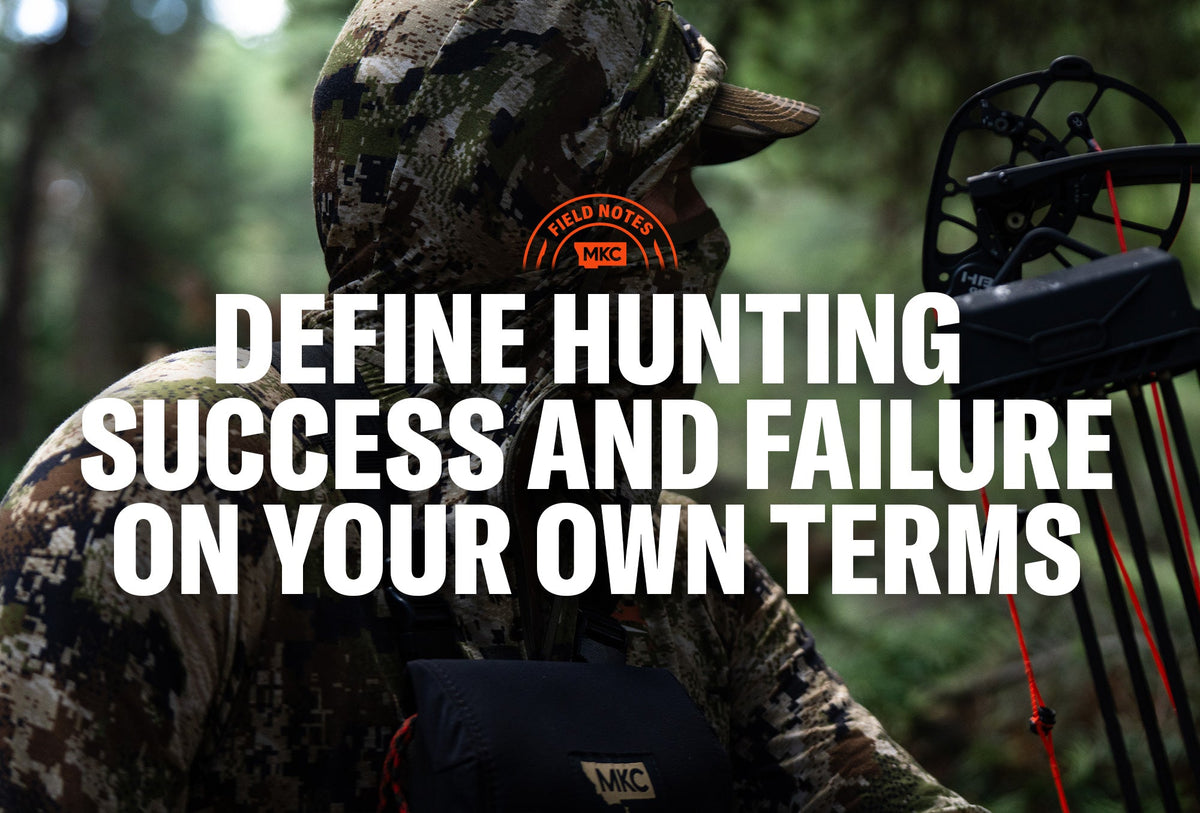 Camouflaged bowhunter in a dense green forest holding a compound bow, highlighting hunting success and failure.