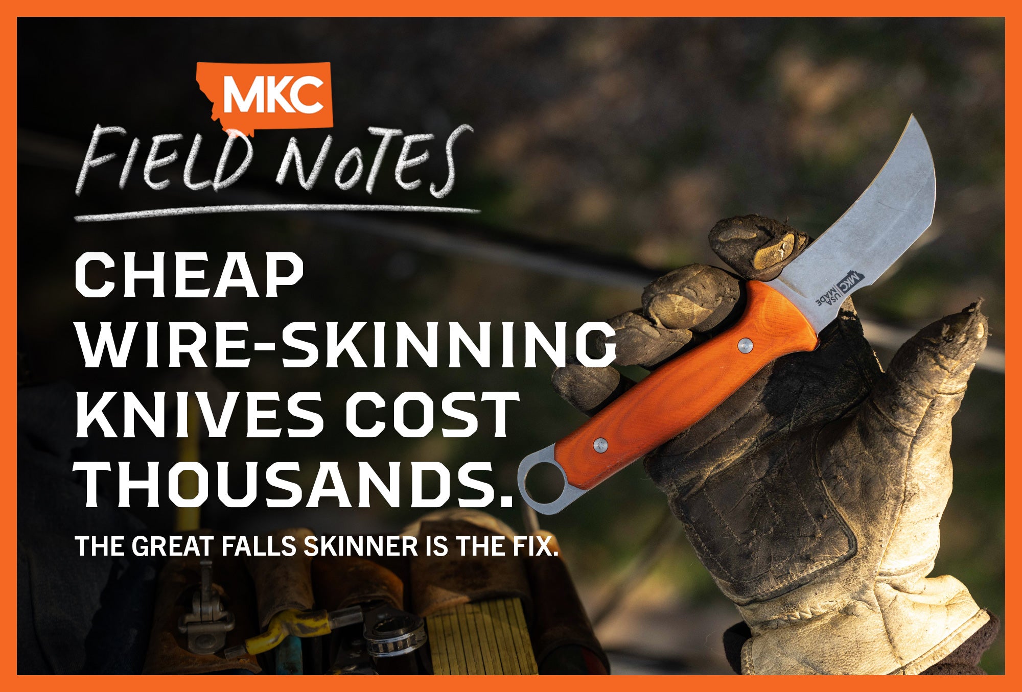 The Great Falls Skinner wire-skinning knife held in a gloved hand.