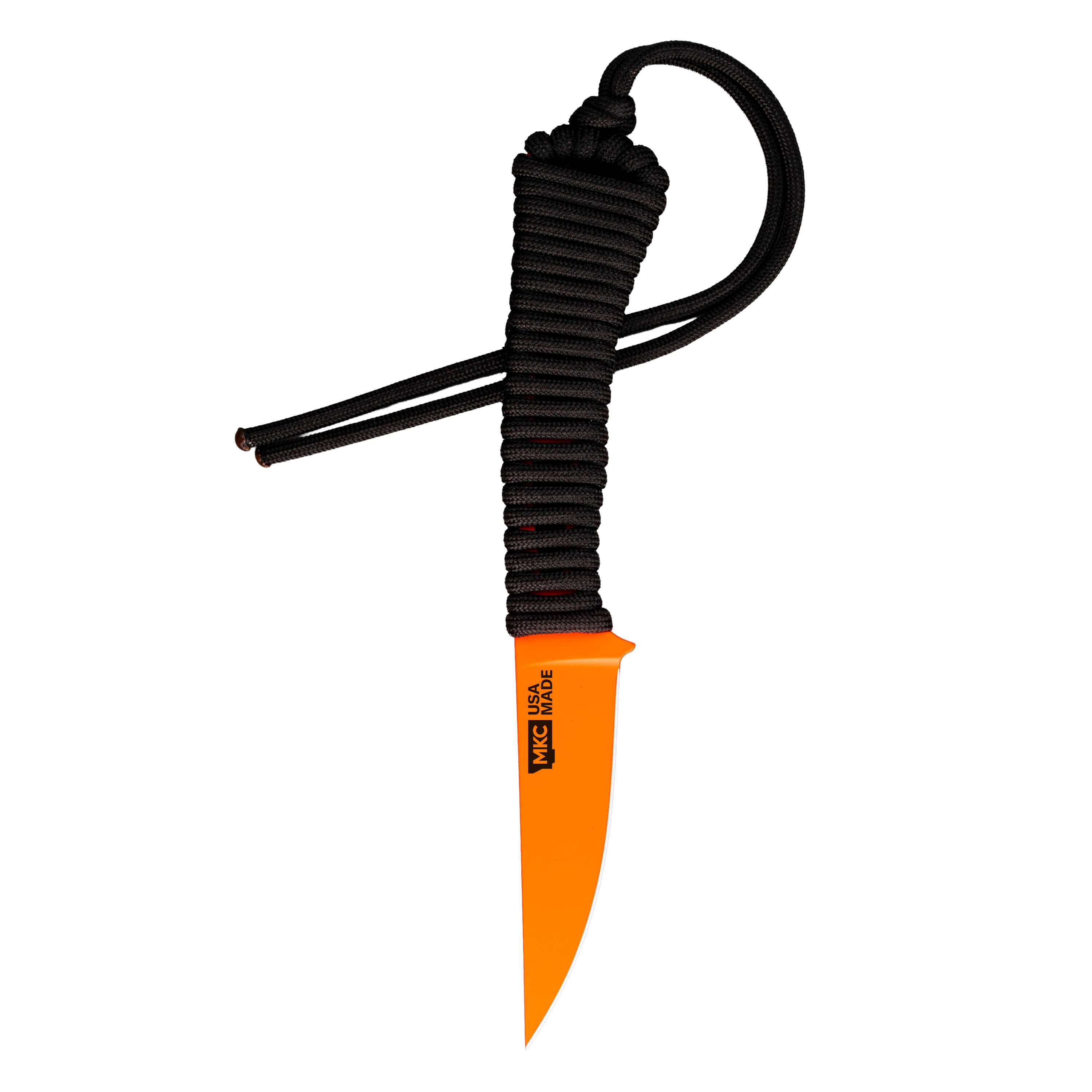 Blaze orange Cerakote Mini Speedgoat 2.0 knife with a black paracord handle, designed for outdoor and hunting use.