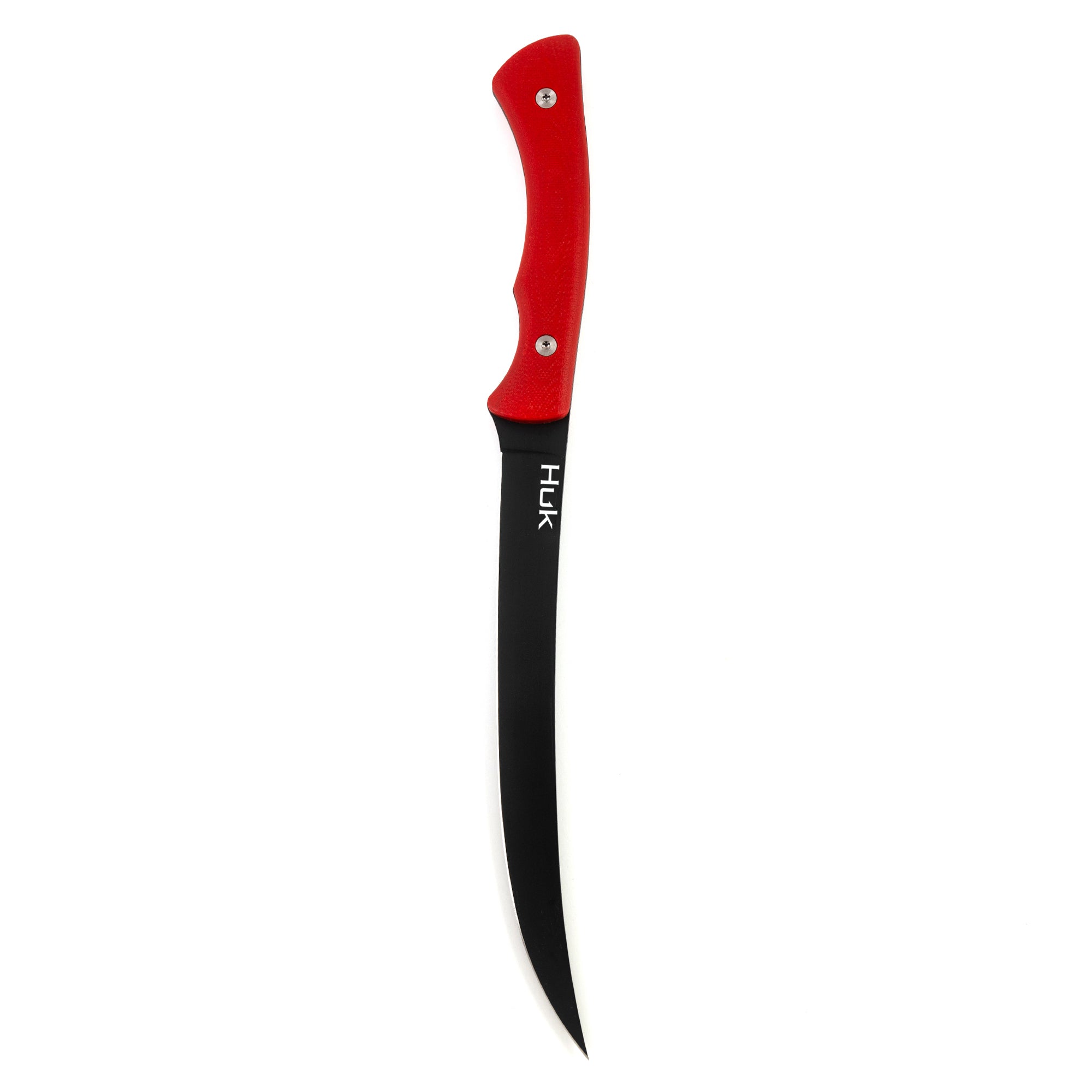 HUK Flathead Fillet knife with a curved black blade and a red ergonomic handle for precise fish filleting.