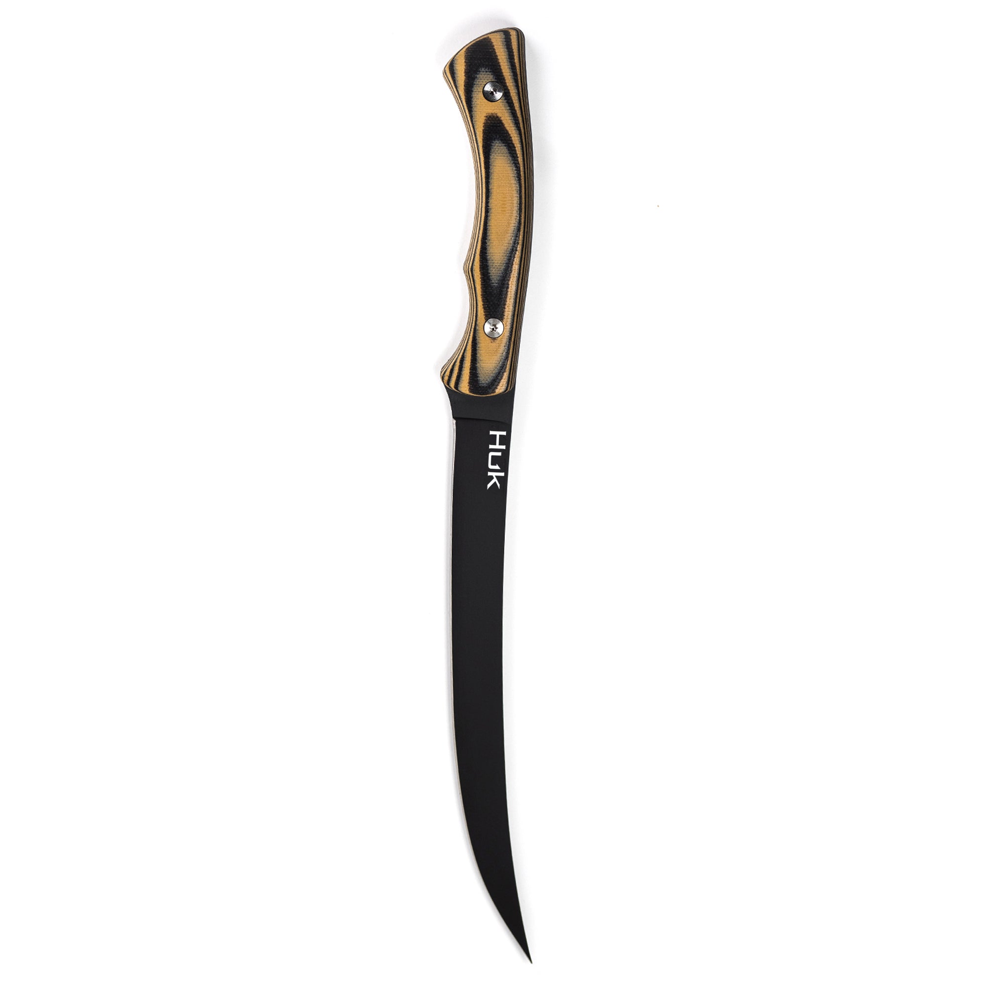 HUK Flathead Fillet knife with a curved black blade and a textured handle, designed for precision fish filleting.