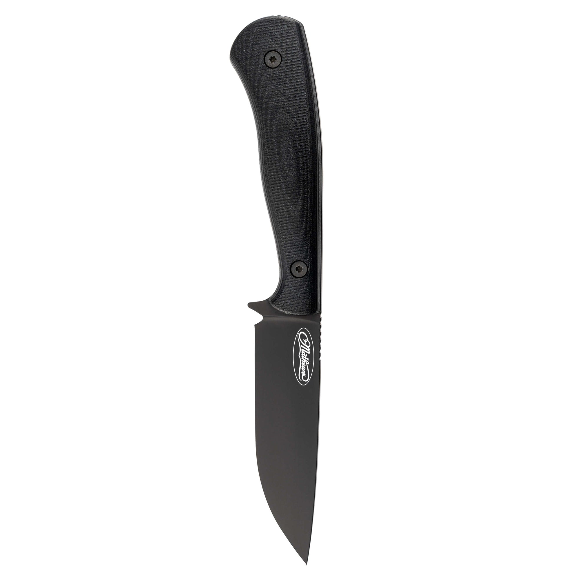 Mathews Archery MKC Whitetail knife with a sleek black blade and textured handle, designed for hunting and outdoor use.