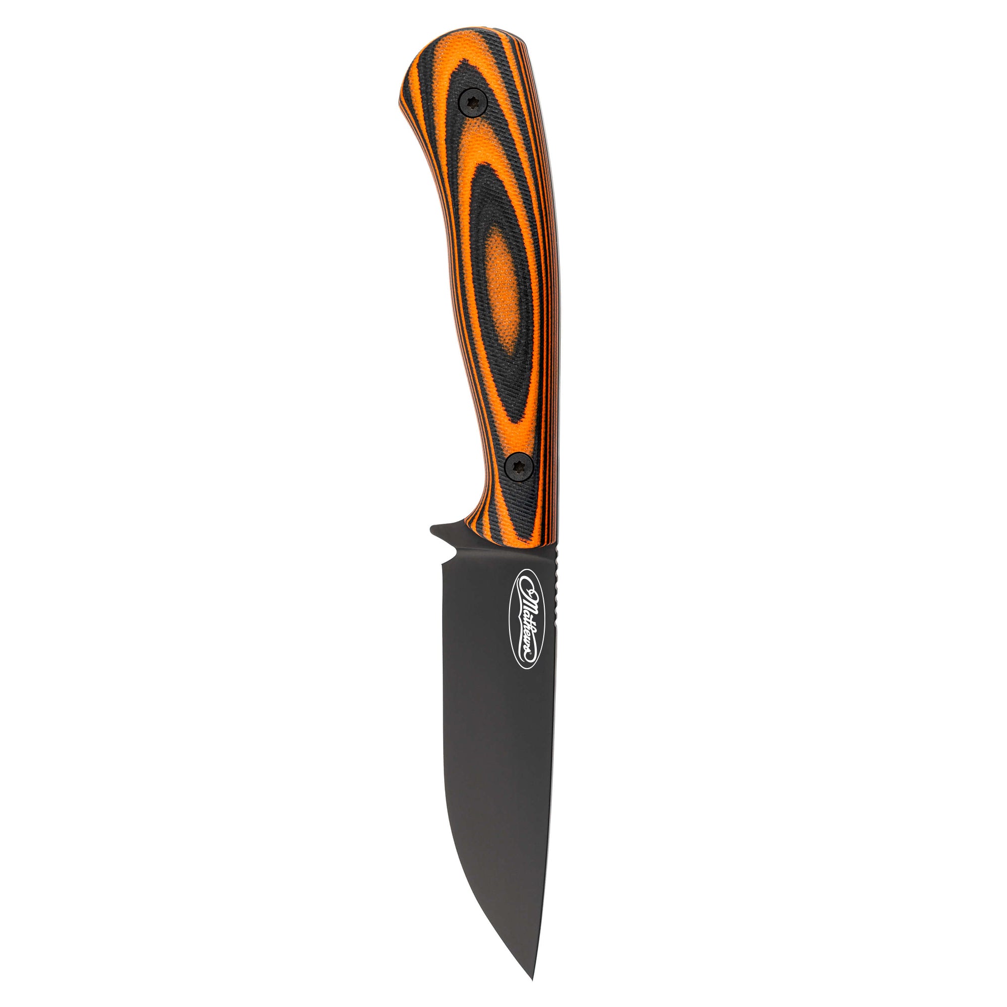 MKC Whitetail knife with a black blade and an orange and black patterned handle, designed for hunting and outdoor use.