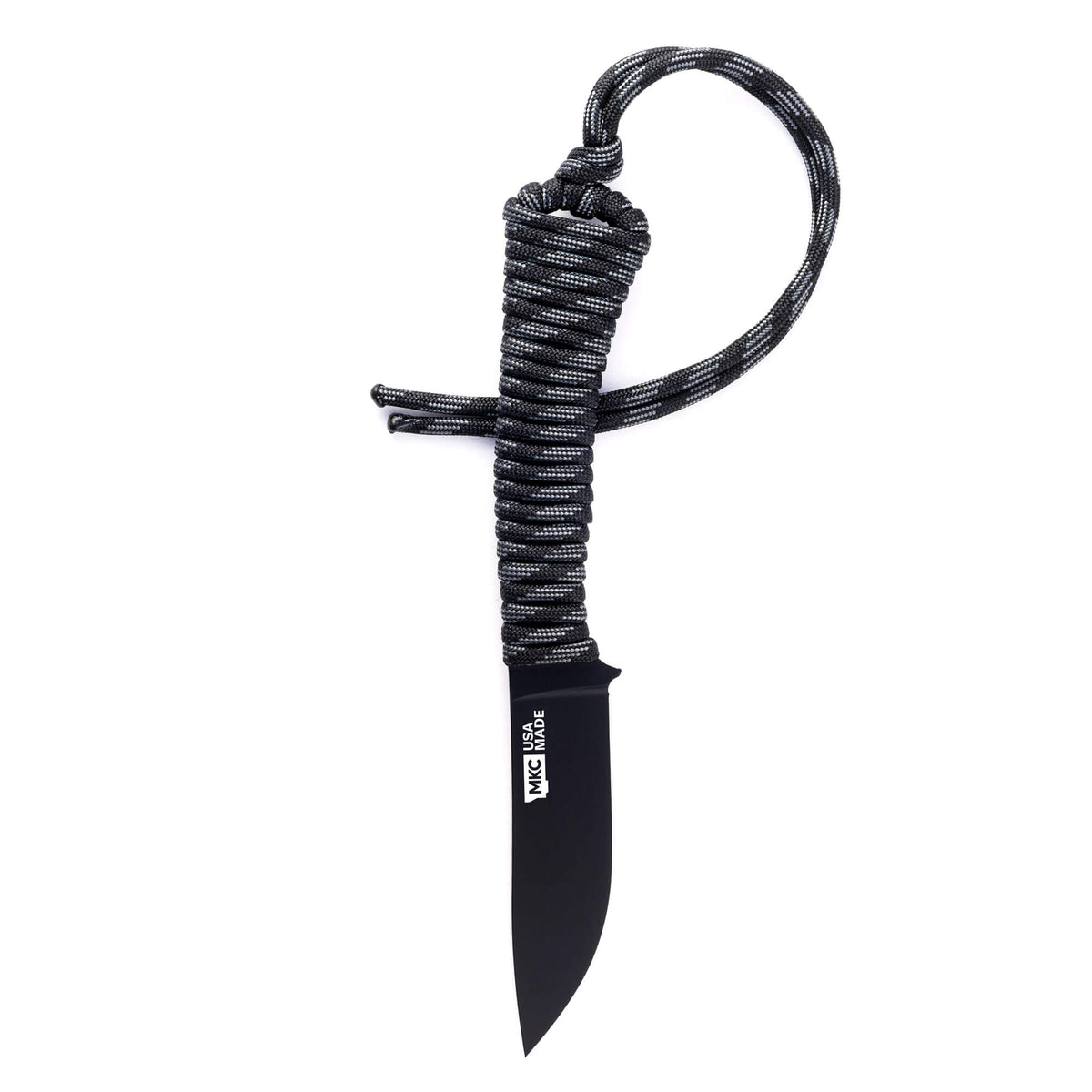 Mini Stoned Goat knife with a black PVD finish and paracord handle, designed for outdoor and tactical use.