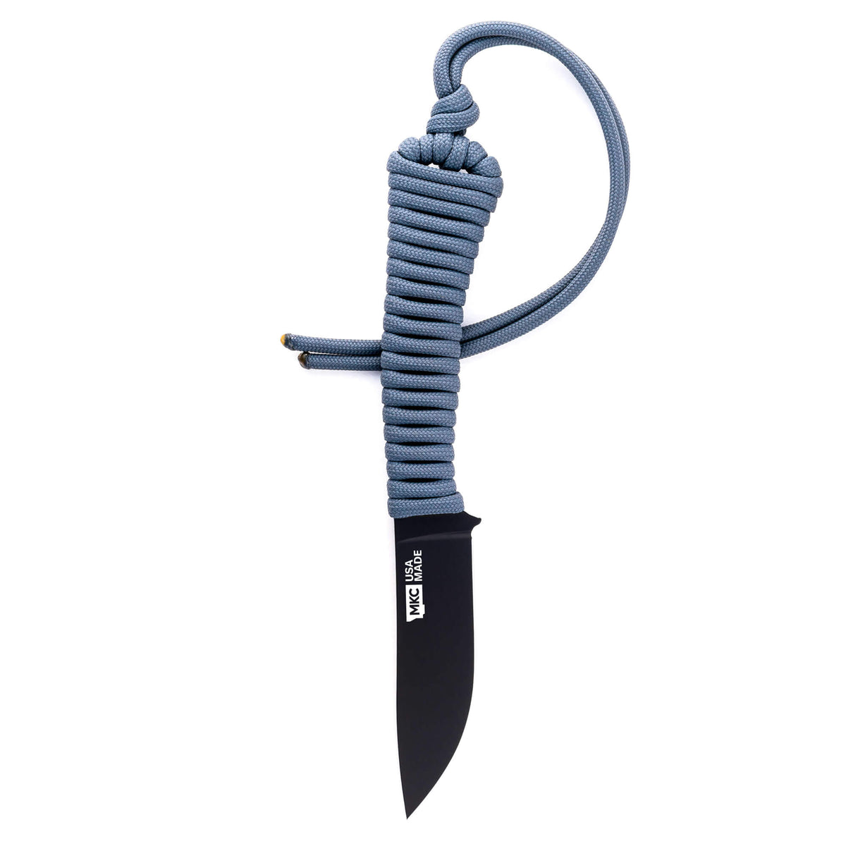 Mini Stoned Goat knife with a grey PVD finish and paracord handle, designed for outdoor and tactical use.
