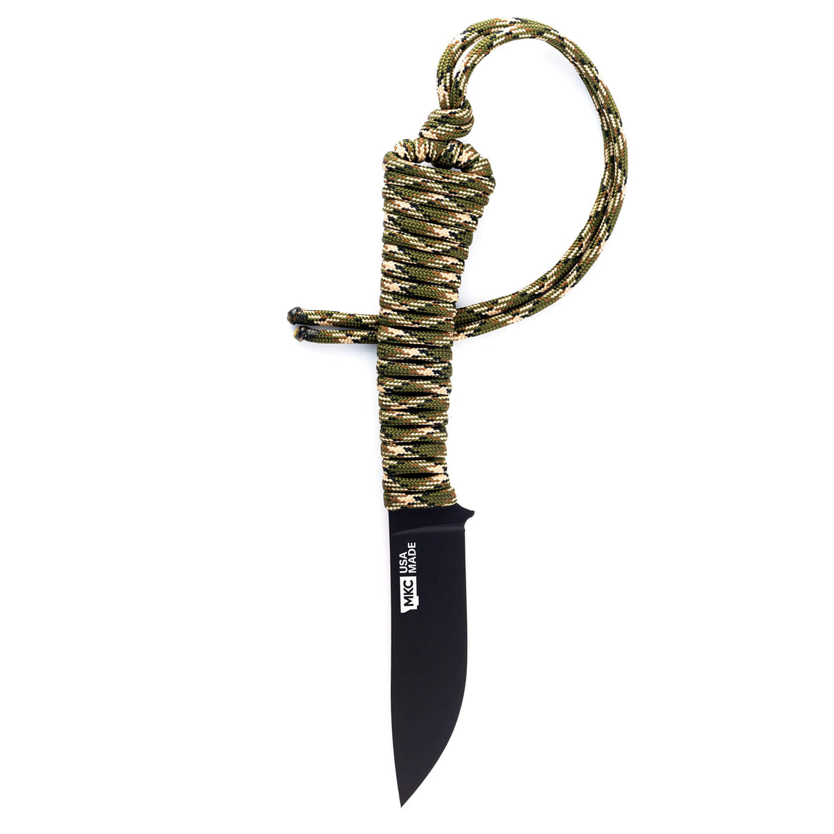 Mini Stoned Goat knife with PVD finish and forest camo paracord handle, designed for outdoor and tactical use.