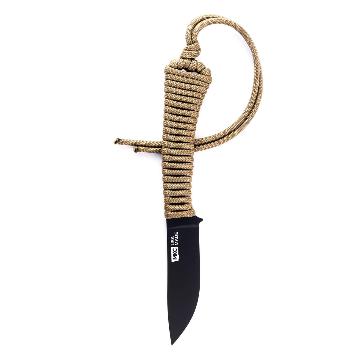 Mini Stoned Goat knife with PVD-coated blade and olive paracord handle, designed for durability and versatility.