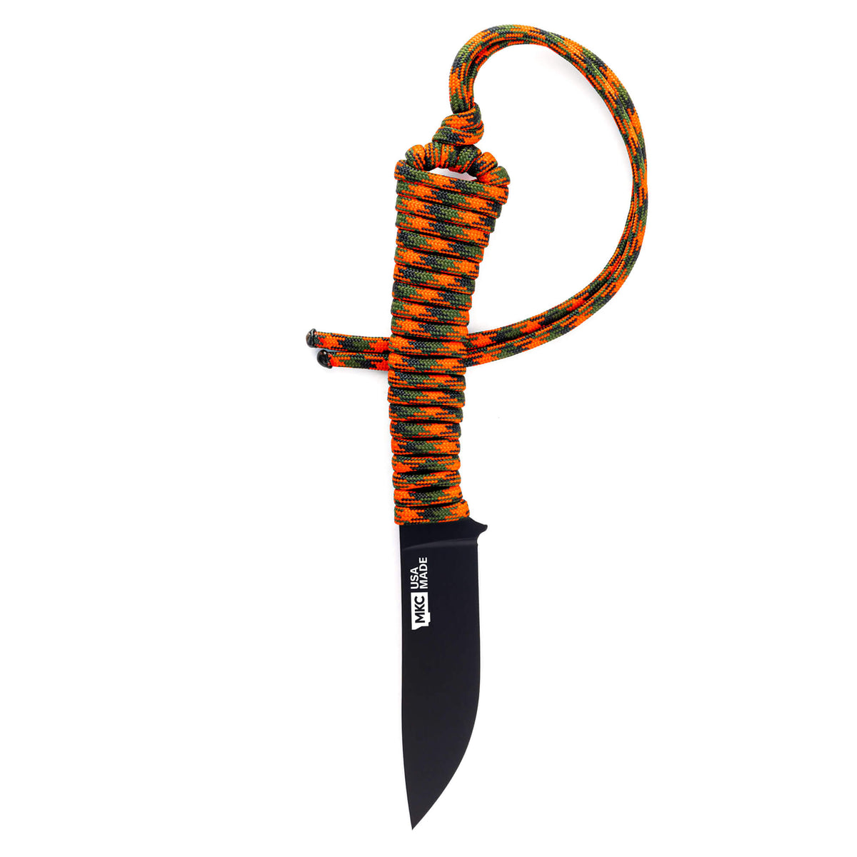 Mini Stoned Goat knife with a black blade and orange and black paracord handle, designed for outdoor use.
