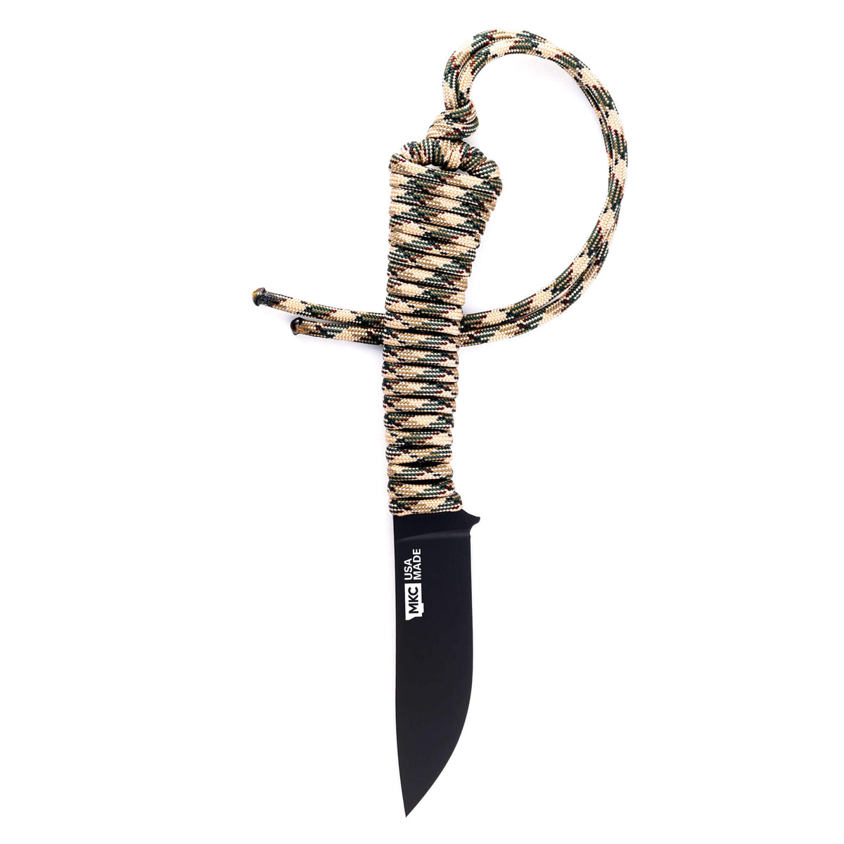 Mini Stoned Goat knife with a PVD-coated blade and desert camo paracord handle, designed for outdoor and tactical use.