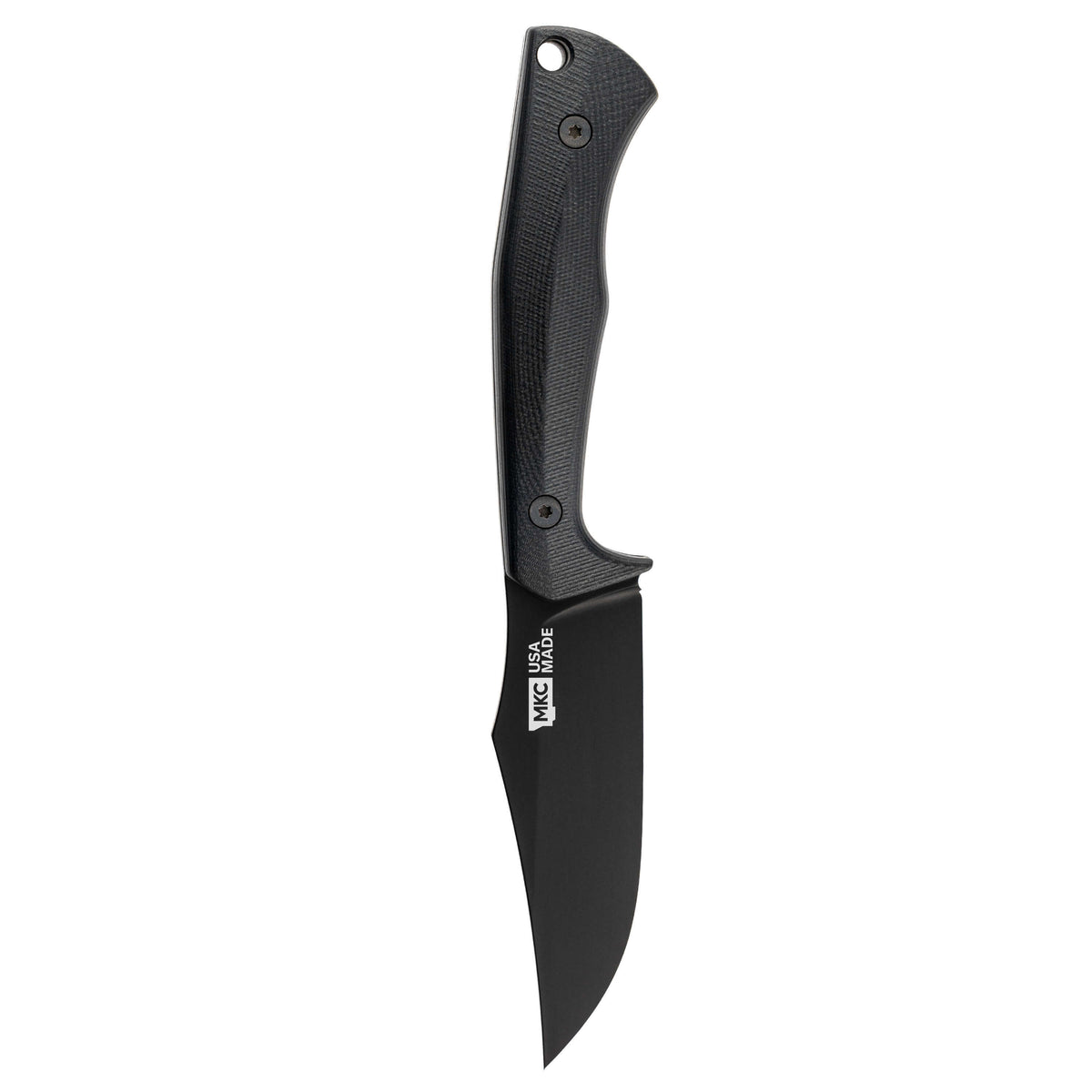 Black fixed-blade knife with a textured handle and a sleek blade, designed for outdoor and tactical use.