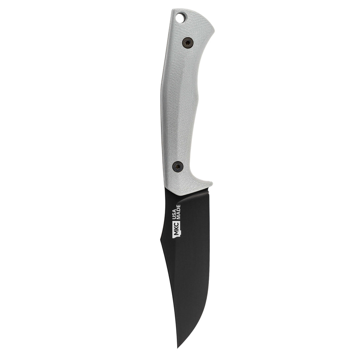 Grey-handled Triumph Pro knife with a sleek black blade, designed for durability and performance in outdoor tasks.