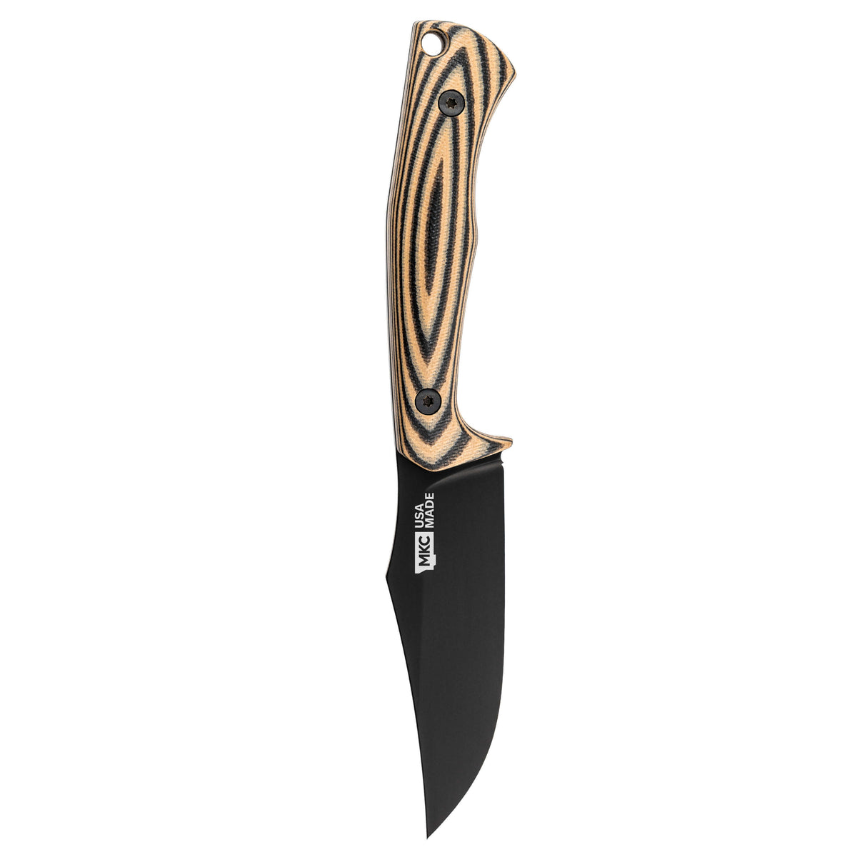 Triumph Pro knife in tan and black with a textured handle and a sleek black blade, designed for outdoor use.