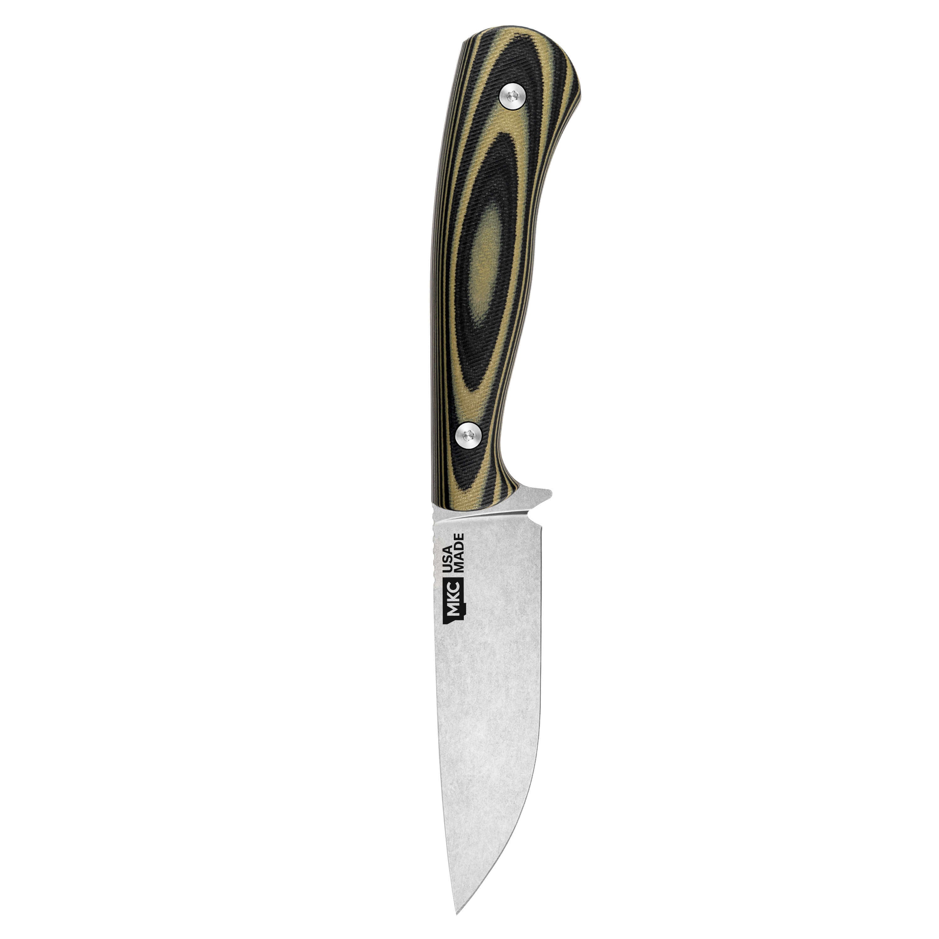 MKC Whitetail knife featuring a green and black handle with a sleek stainless steel blade, designed for outdoor use.