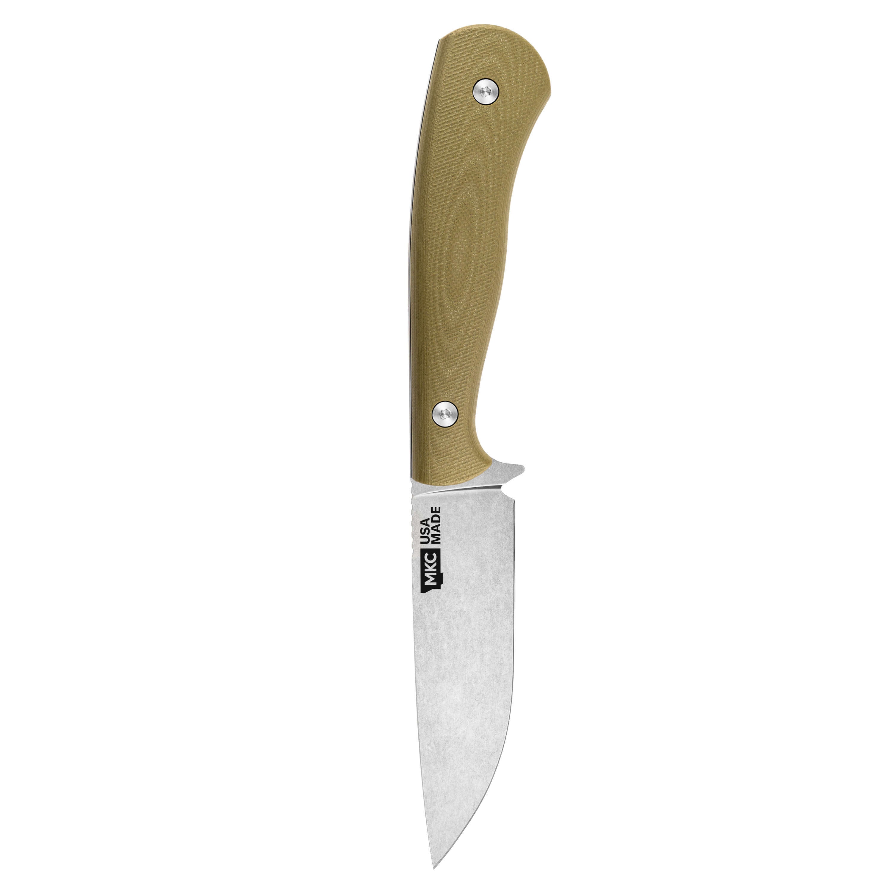 Olive green fixed-blade knife with a durable handle, designed for hunting and outdoor use. Ideal for field dressing.