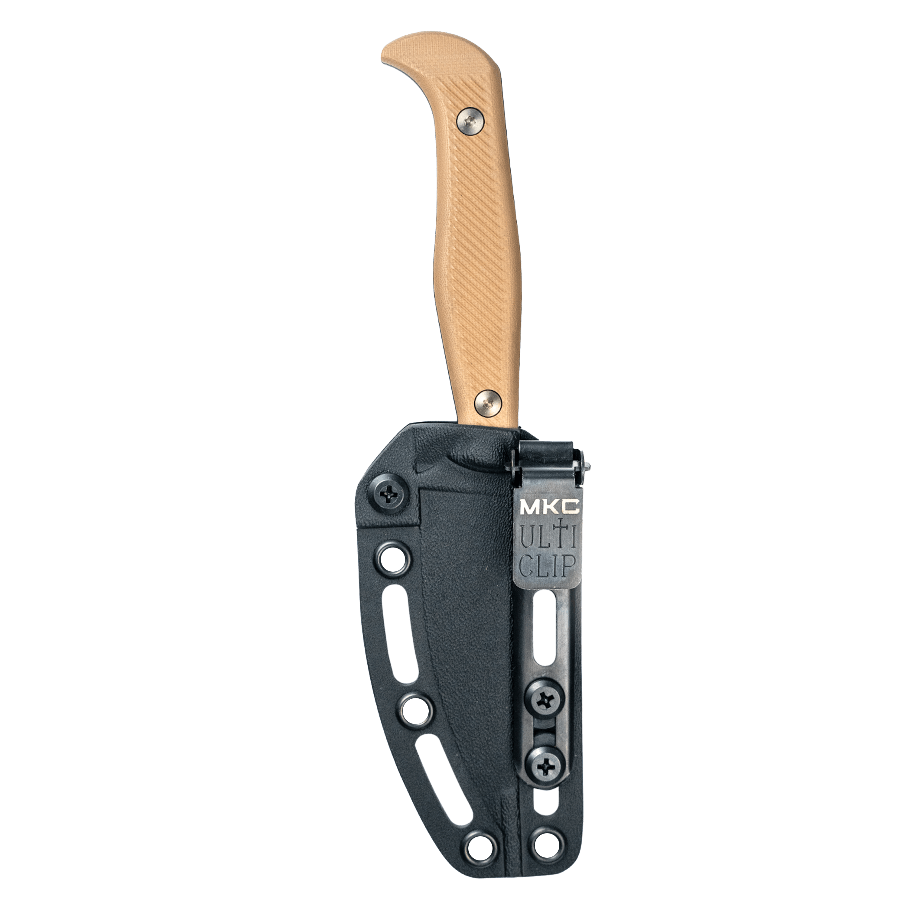 Alt text: "BATTLE GOAT tactical knife in black and coyote color scheme, featuring a curved tan handle and a sturdy black sheath with an MKC multi-clip attachment for versatile carrying options."