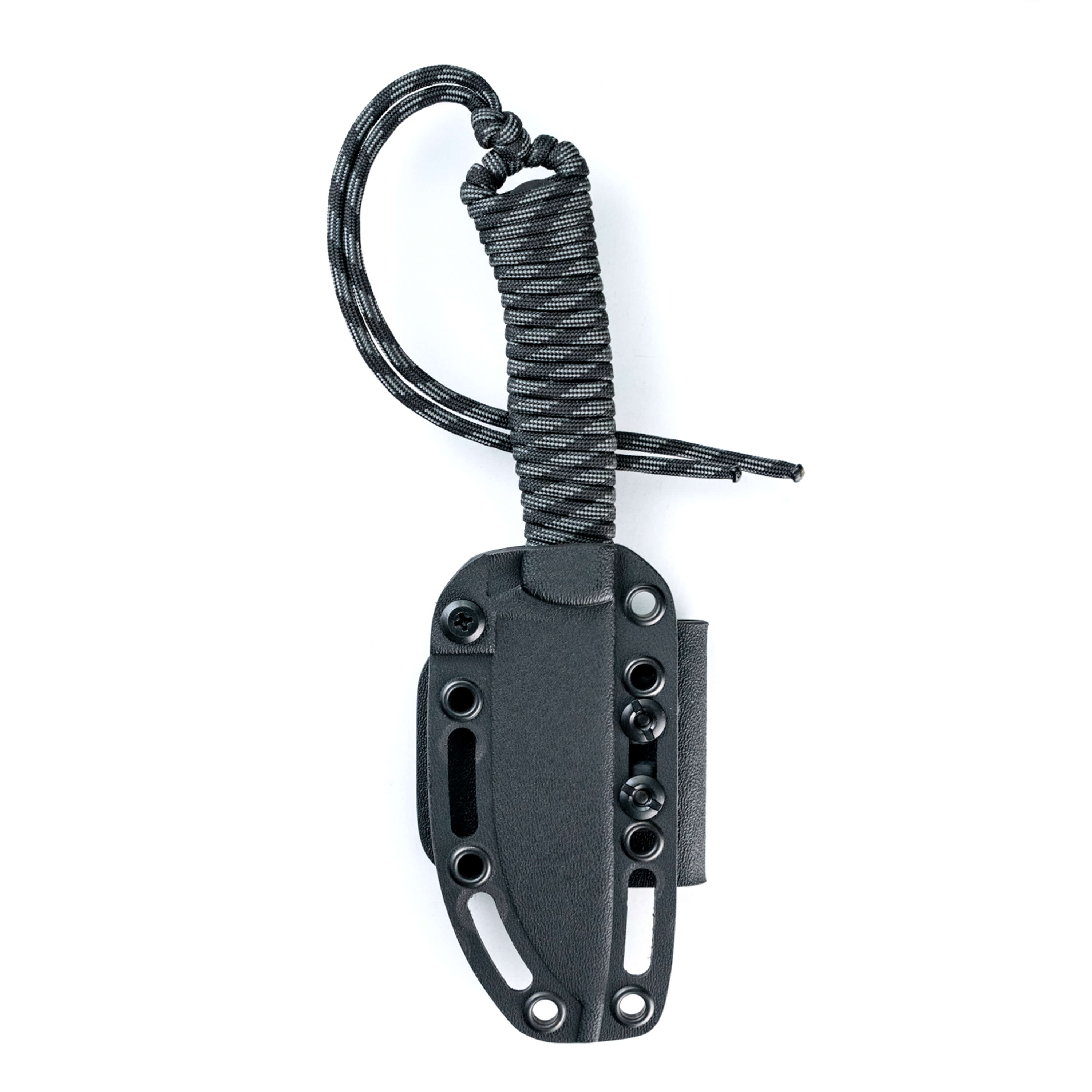 Alt text: "Black tactical knife with paracord-wrapped handle and a sturdy sheath, designed for the Wild Sheep Foundation Stoned Goat 2.0 secret product release. The knife features a reflective paracord lanyard for easy