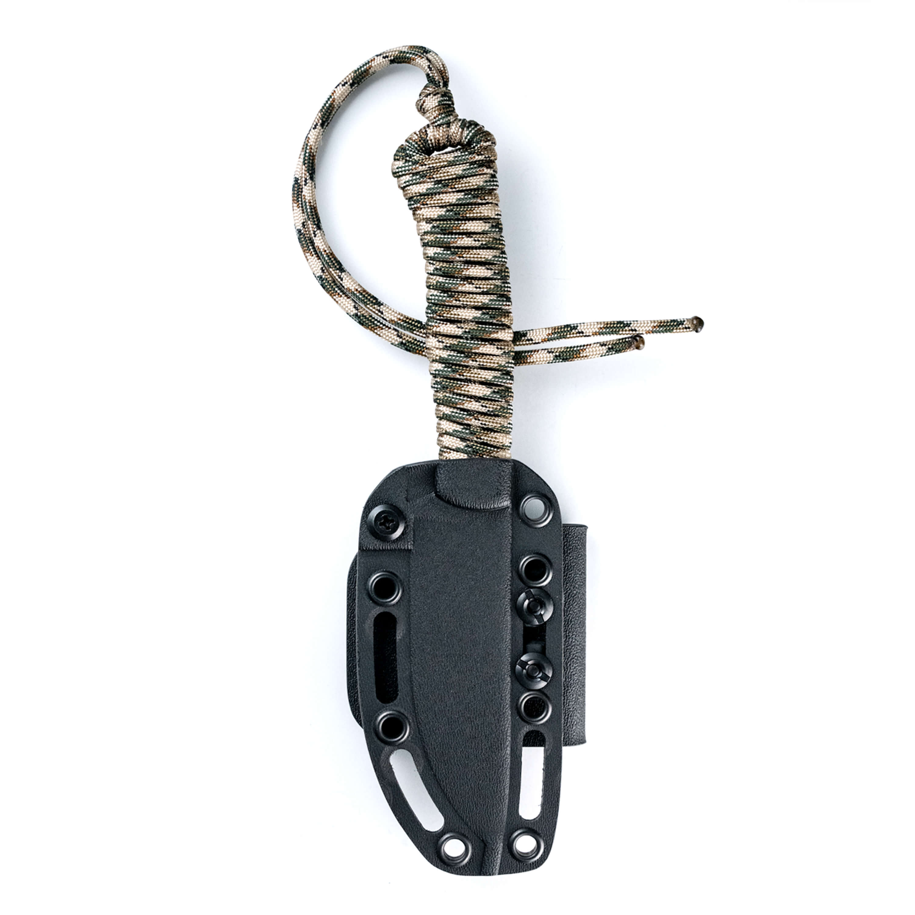 Alt text: "Image of a Stoned Goat 2.0 knife from the Wild Sheep Foundation, featuring a camouflage-patterned handle wrap and a black sheath with multiple attachment points, displayed on a white background."