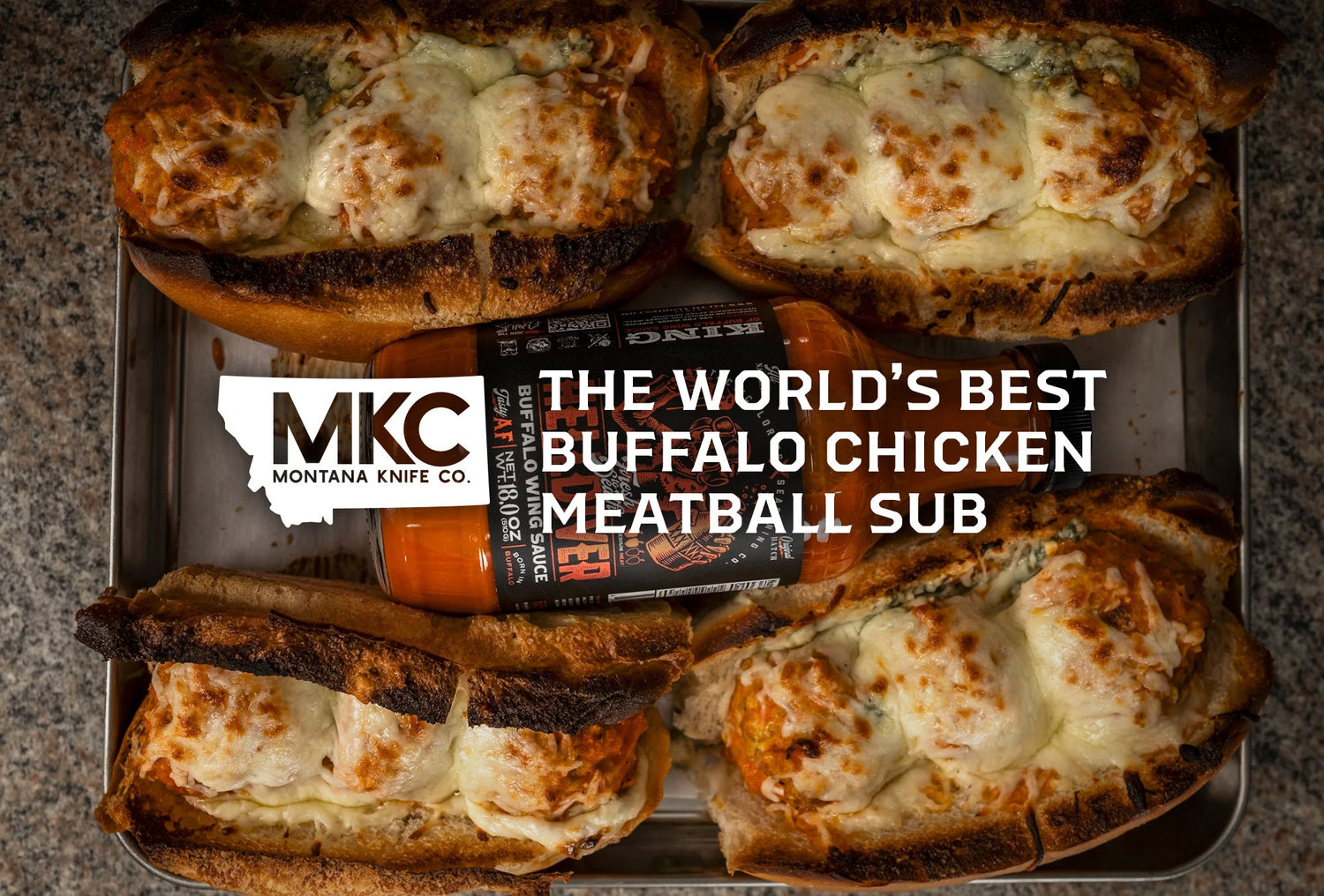 Buffalo chicken meatball subs with melted cheese, featuring MKC logo.