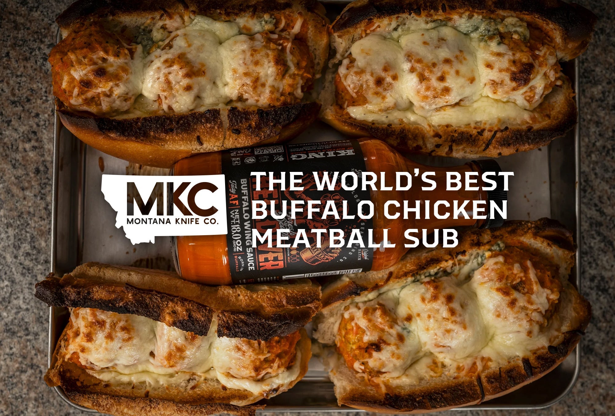 Buffalo chicken meatball subs with melted cheese, featuring MKC logo.