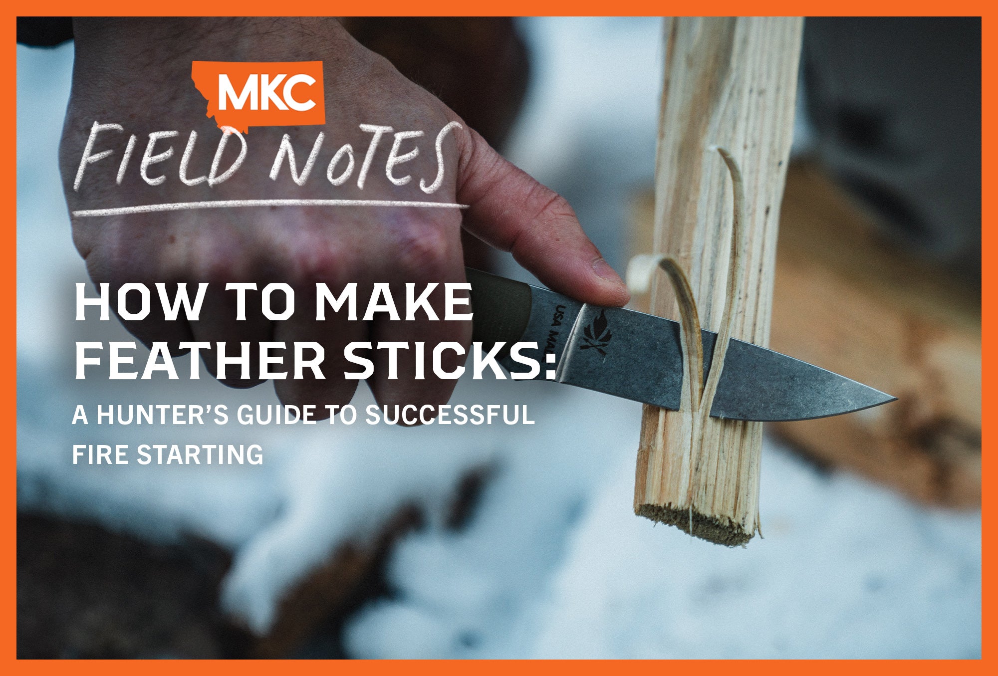 A hand pulls a fixed blade along a strip of wood, demonstrating how to make feather sticks for fire starting.