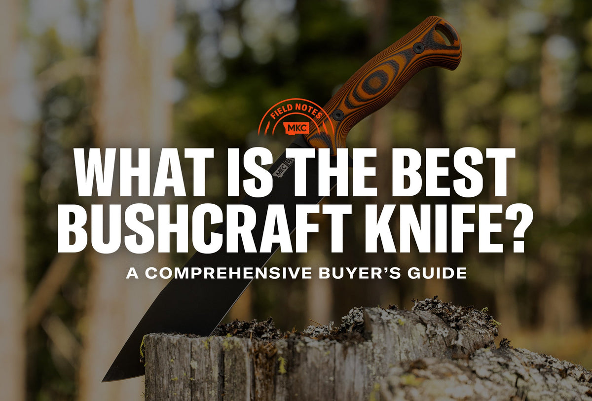 Bushcraft knife with a wooden handle embedded in a tree stump in a forest setting.