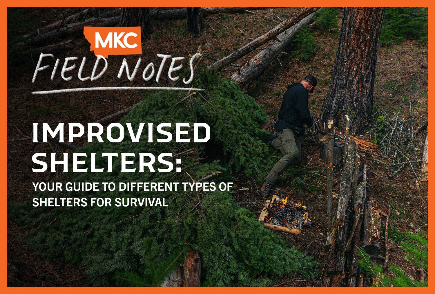 John Barklow building improvised shelter with tree branches in forest, with firewood and small campfire nearby.