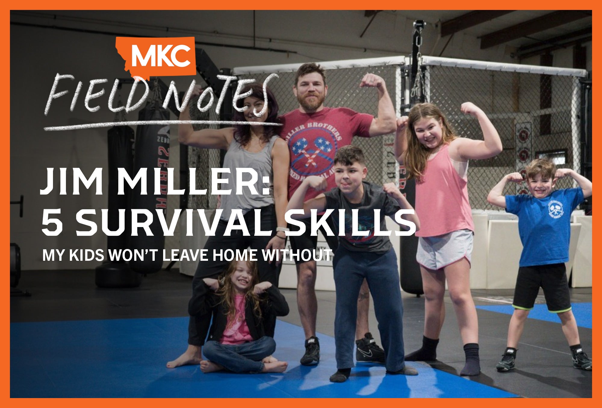 Jim Miller poses with his family at a gym, flexing and smiling.