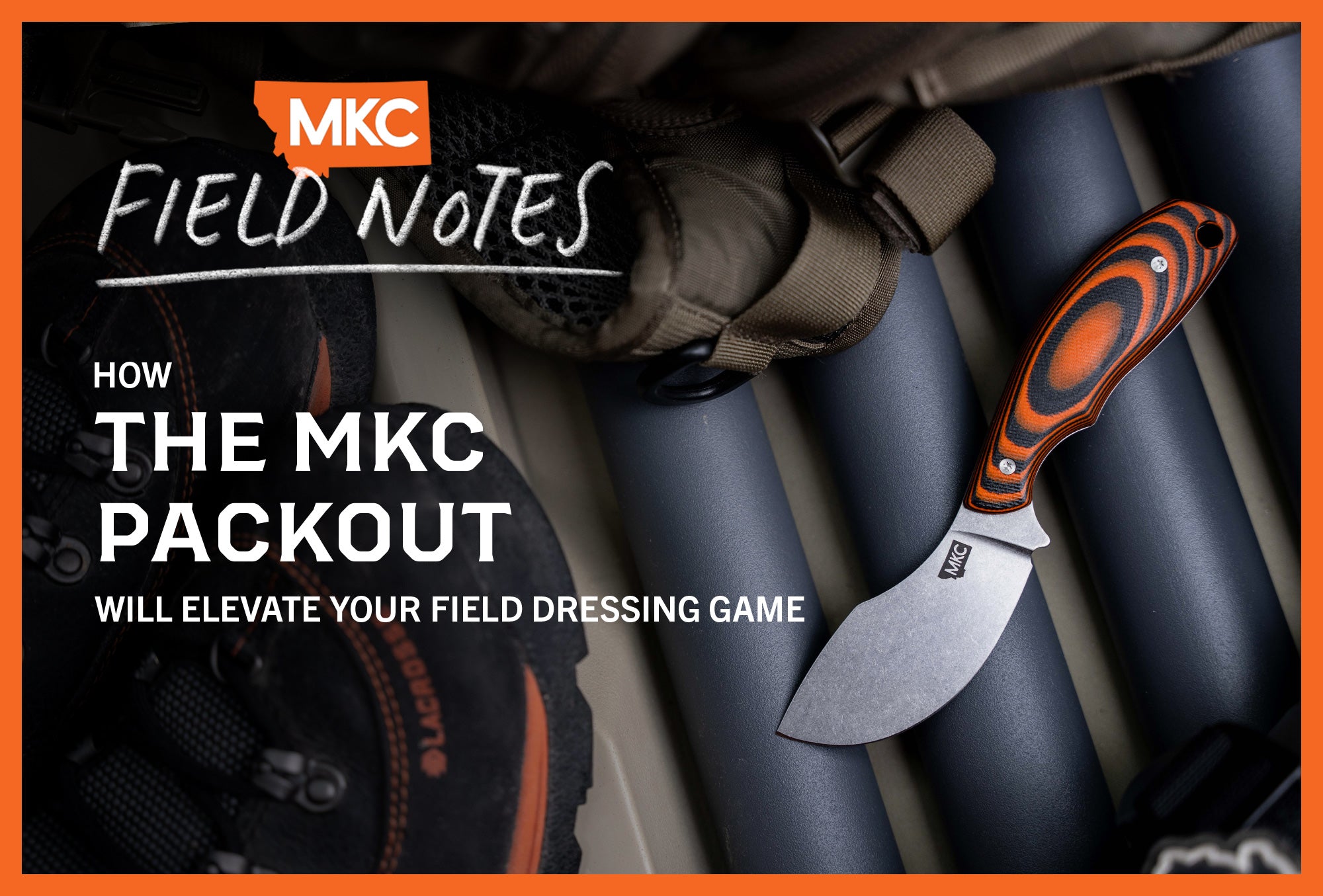 Packout skinning knife with orange G10 handle against dark backdrop showcasing curved blade design for field dressing game.