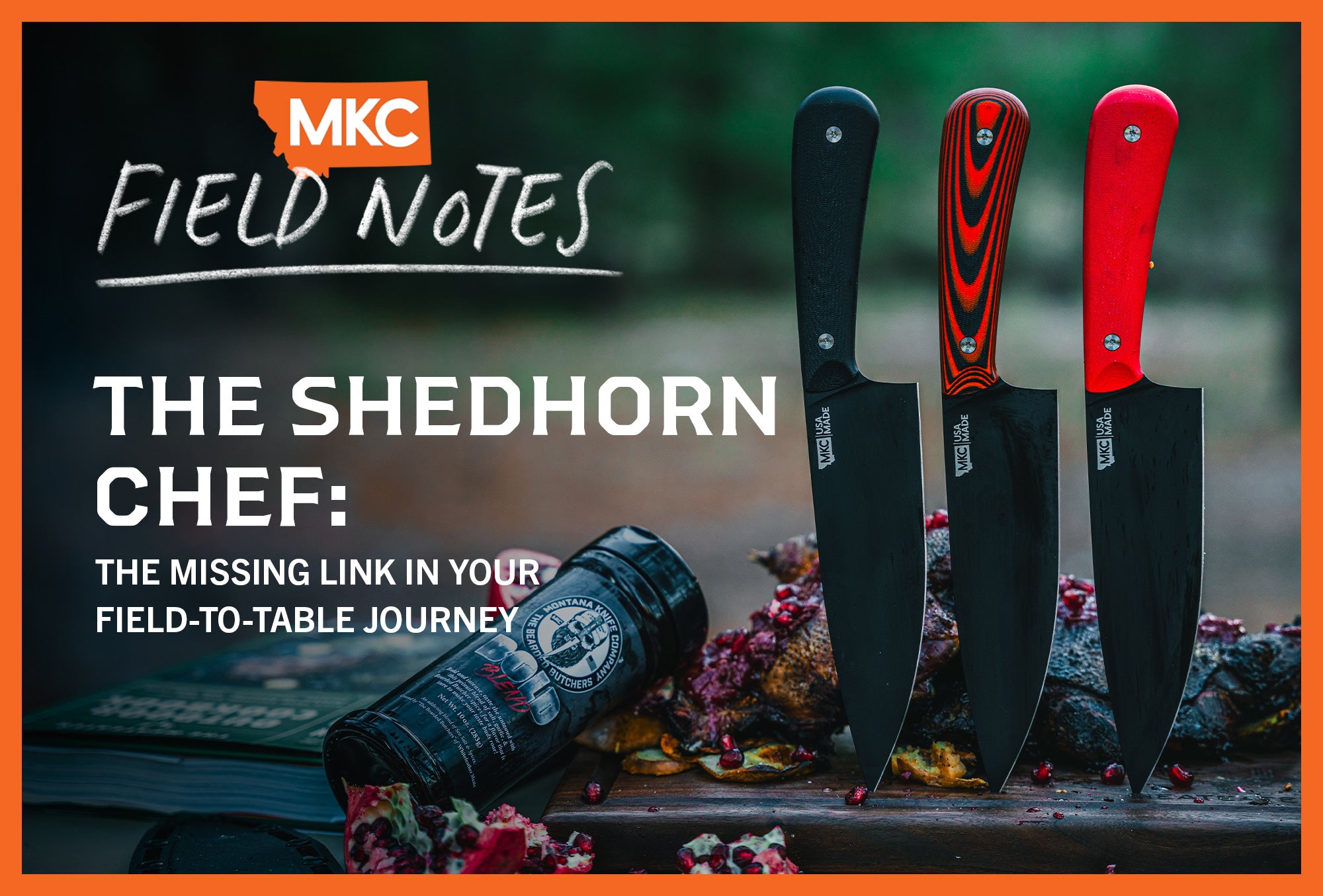 Shedhorn Chef knives collection displayed with three different handles alongside field-to-table ingredients