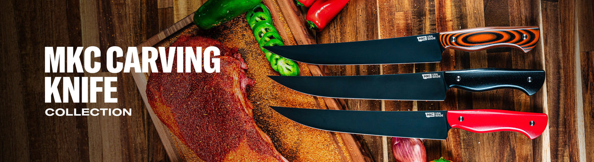 MKC Carving Knife collection featuring three knives with distinct handles on a wooden cutting board with meat and vegetables.