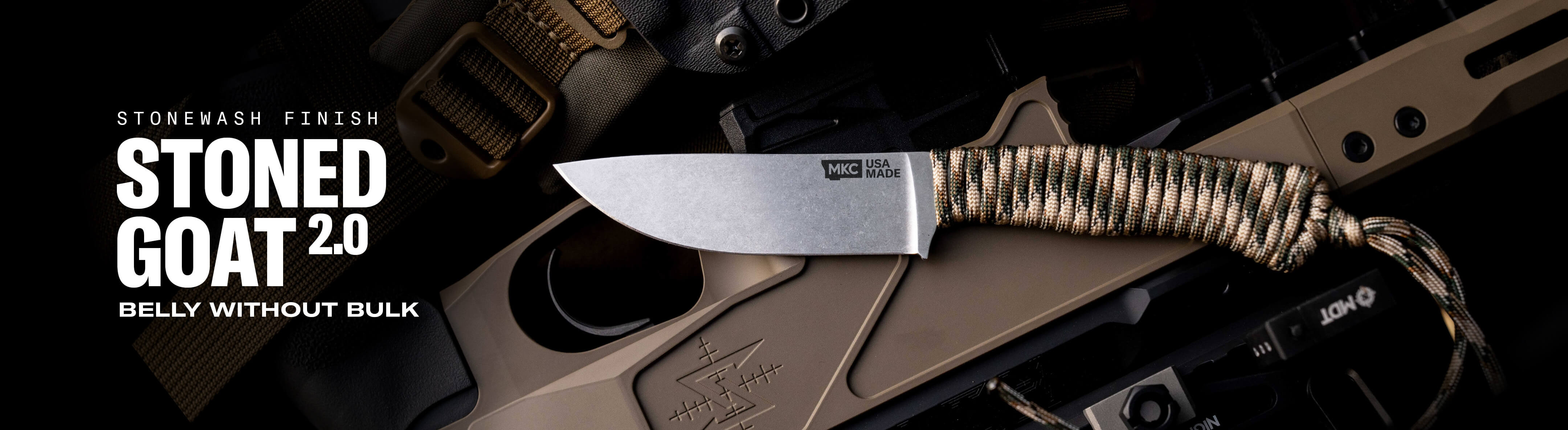 Ultralight skinner knife STONED GOAT 2.0 with a sleek blade and durable paracord handle, designed for outdoor use.