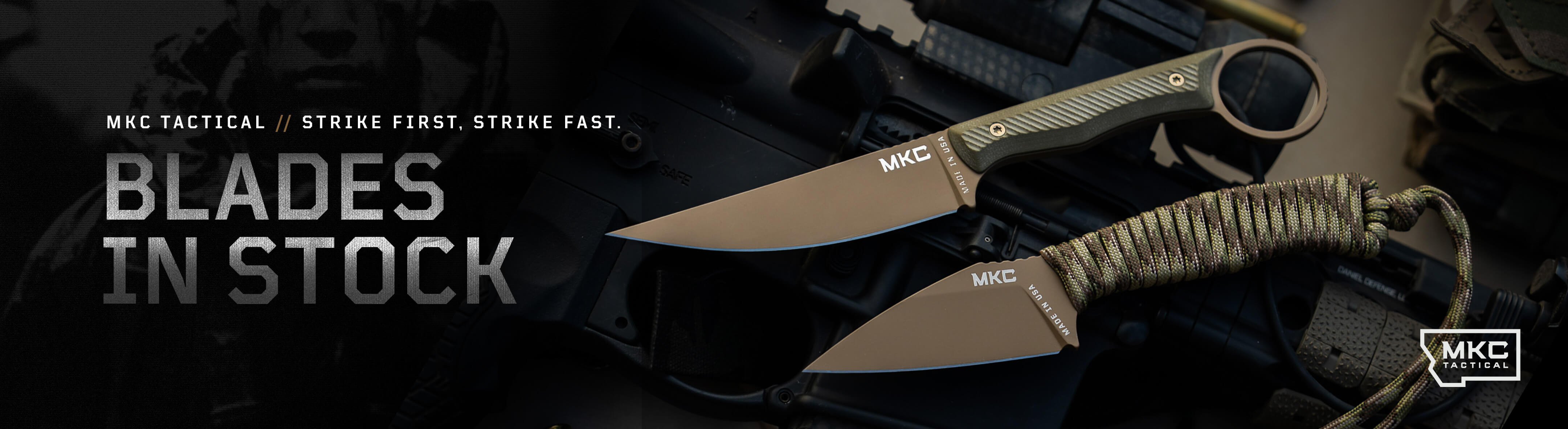 MKC Tactical knives displayed on a tactical background, showcasing their sleek design and durability for outdoor use.