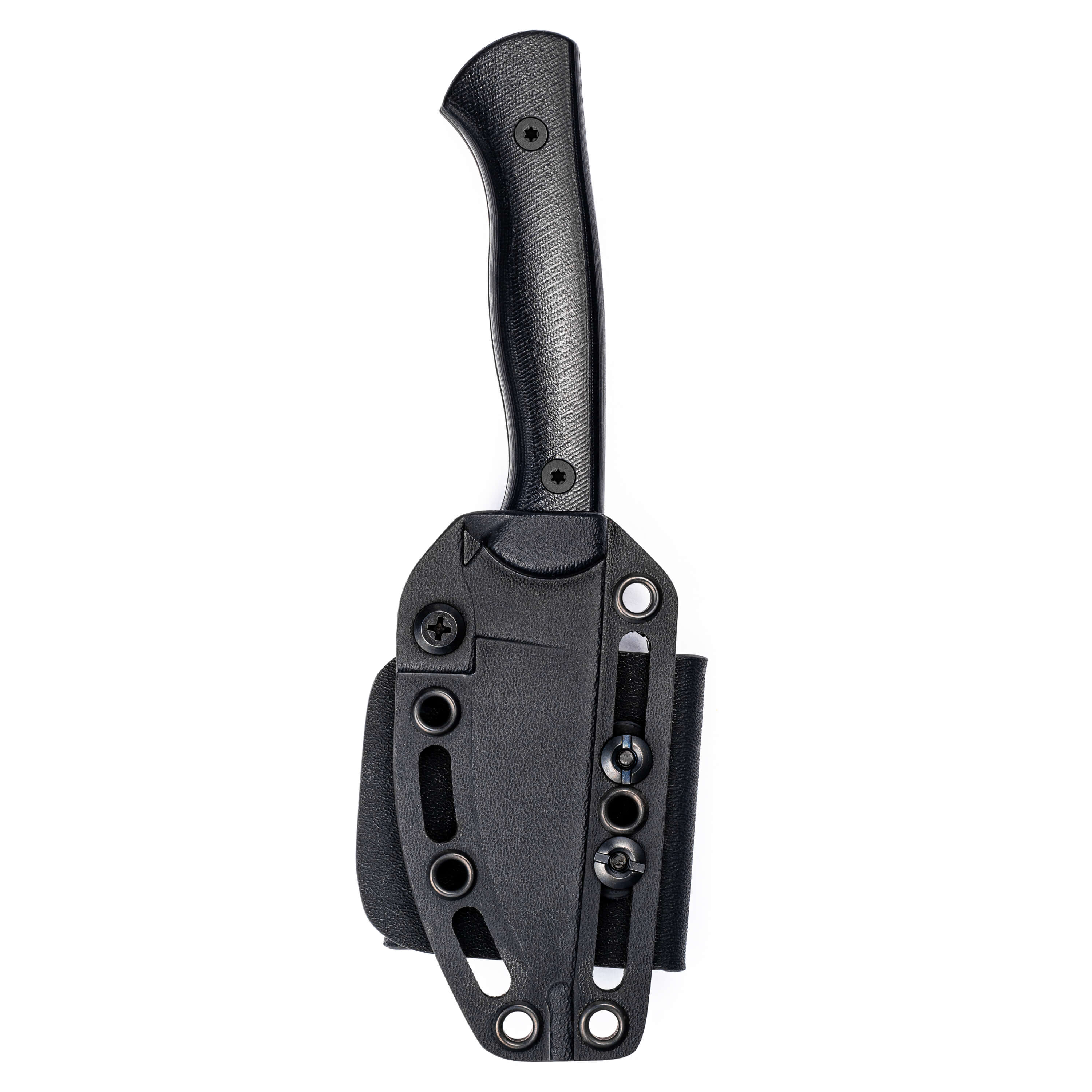 Alt text: "Blackfoot 2.0 tactical knife in black color with a textured handle and protective sheath featuring multiple attachment points, isolated on a white background."