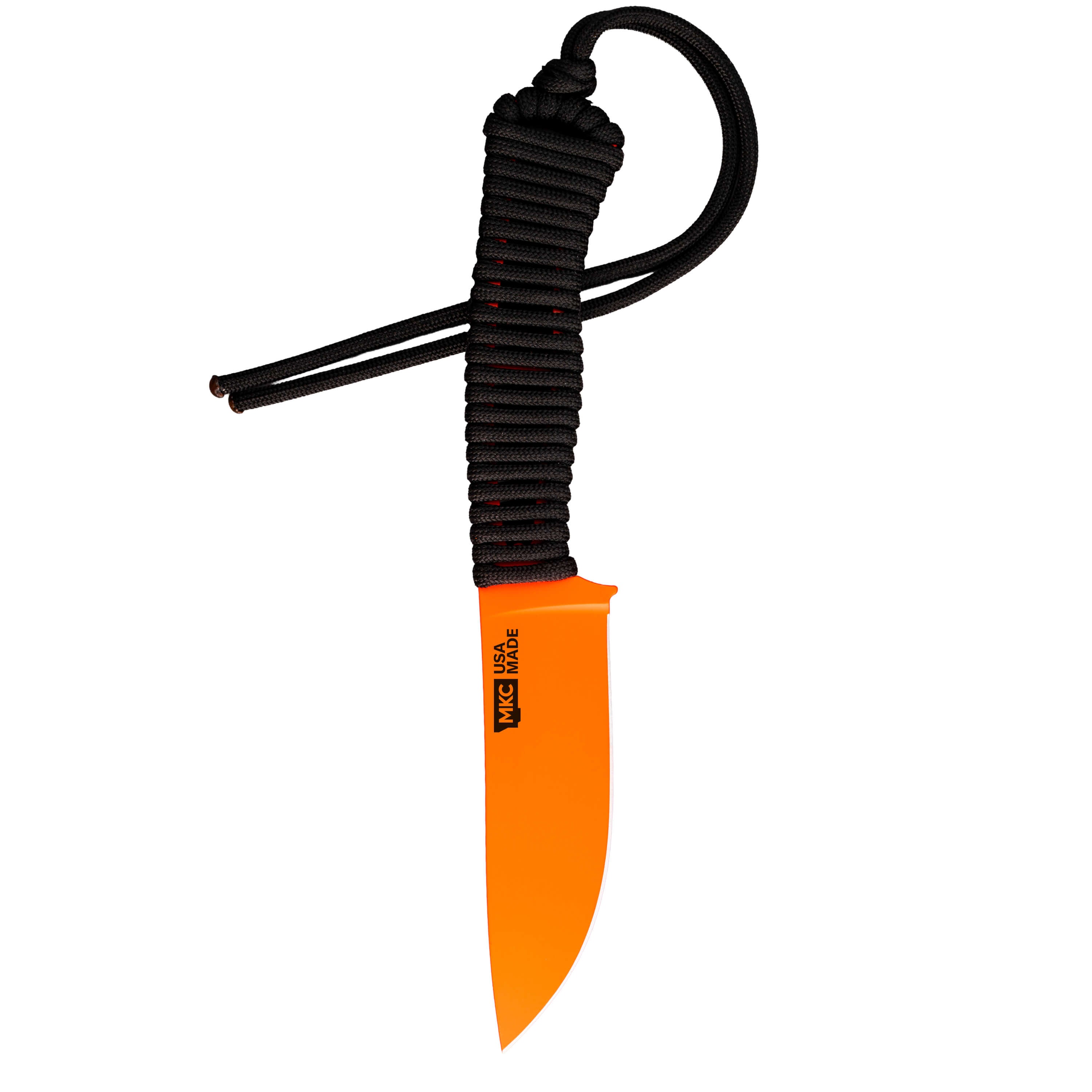 Blaze orange Cerakote knife with a black paracord handle, designed for outdoor use and durability.