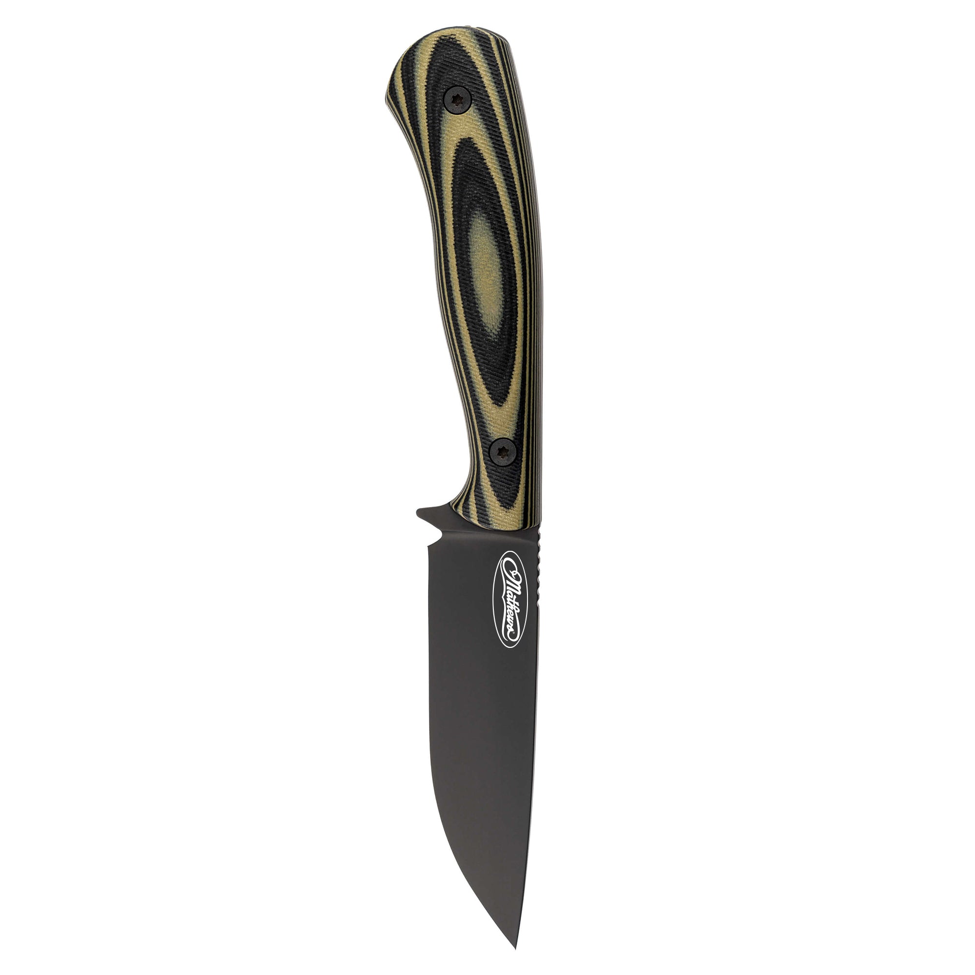 Mathews Archery MKC Whitetail knife featuring a sleek black blade and a textured handle for a secure grip.