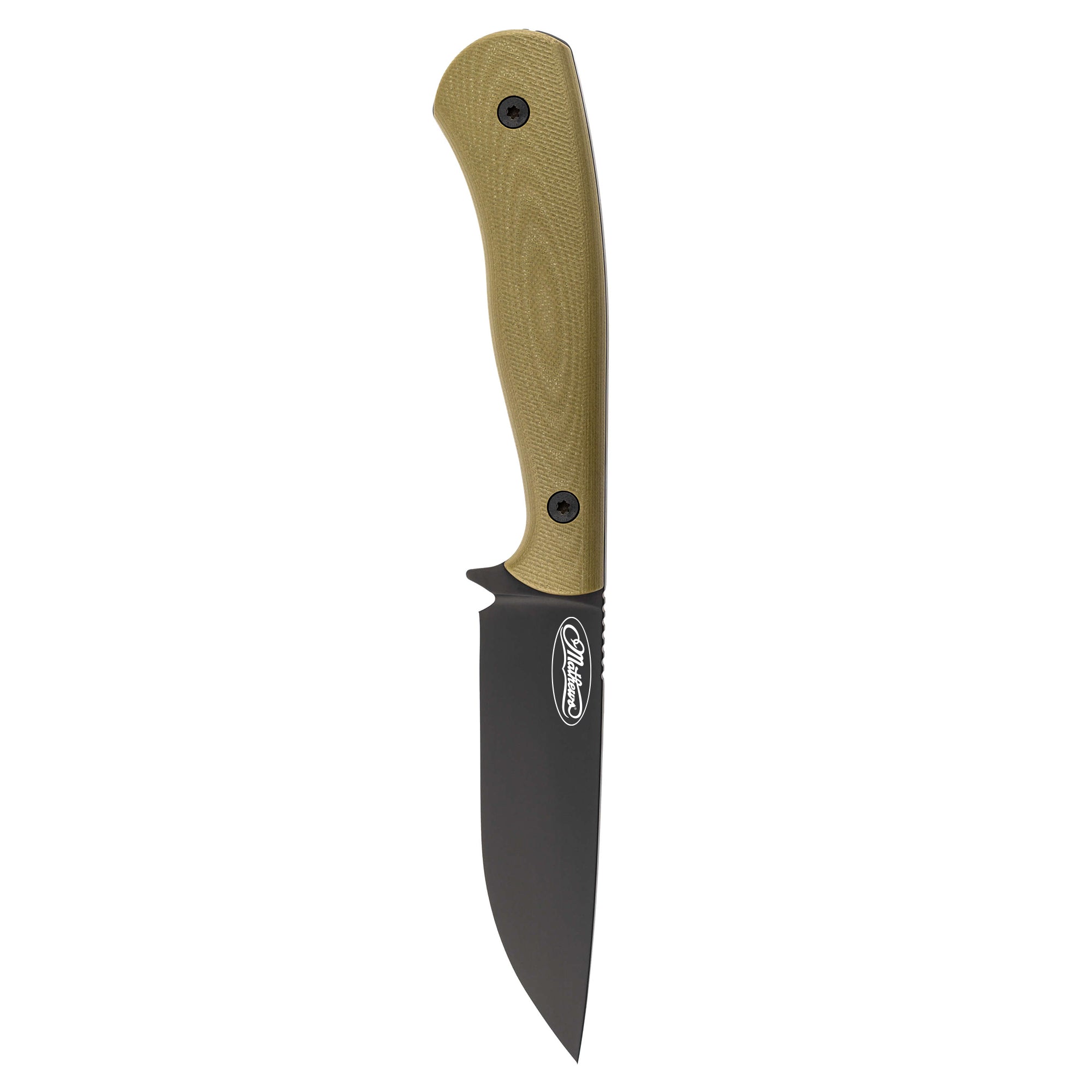 Mathews Archery MKC Whitetail knife with a sleek black blade and ergonomic tan handle, designed for hunting and outdoor use.