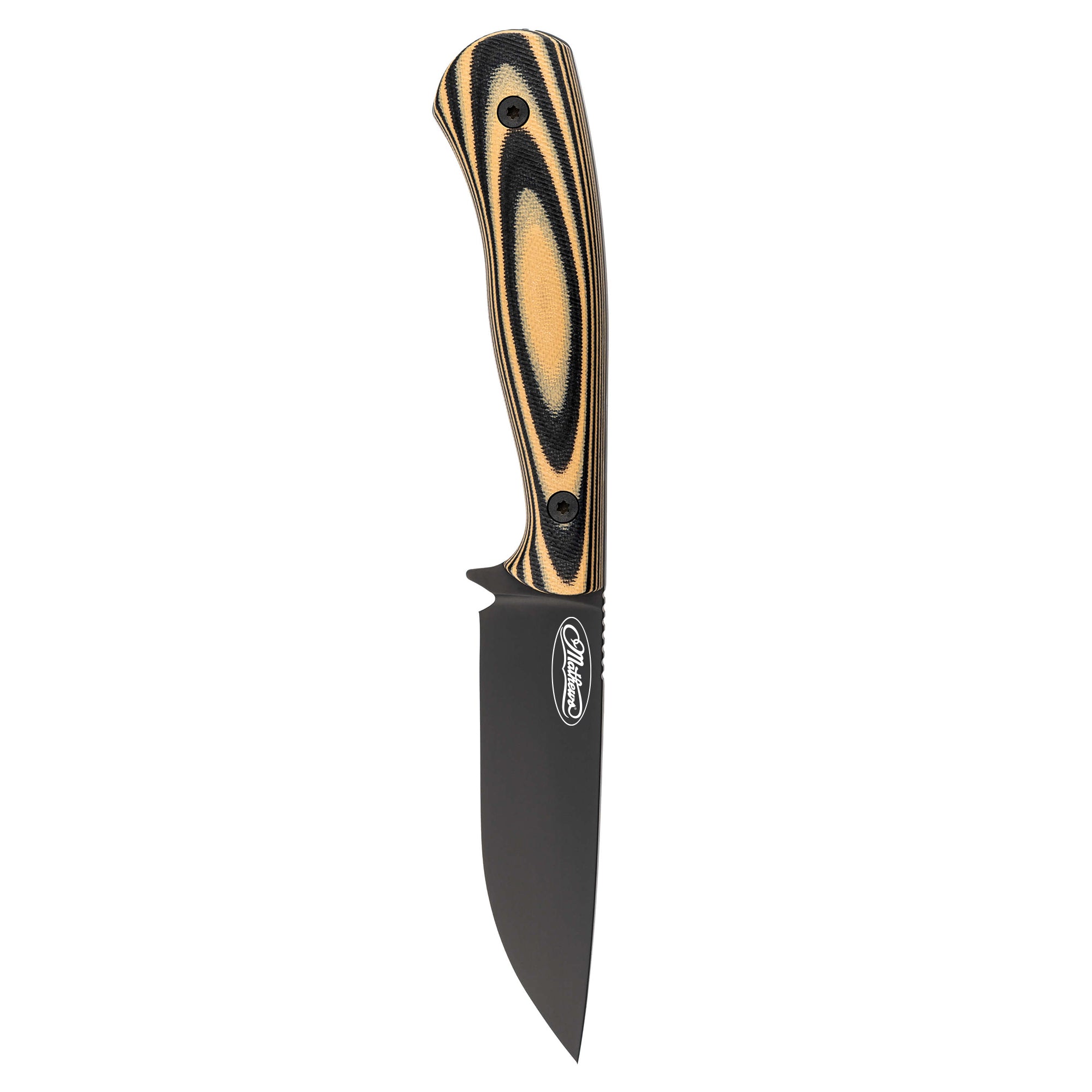 MKC Whitetail knife with a sleek black blade and a striking black and yellow handle, designed for hunting and outdoor use.