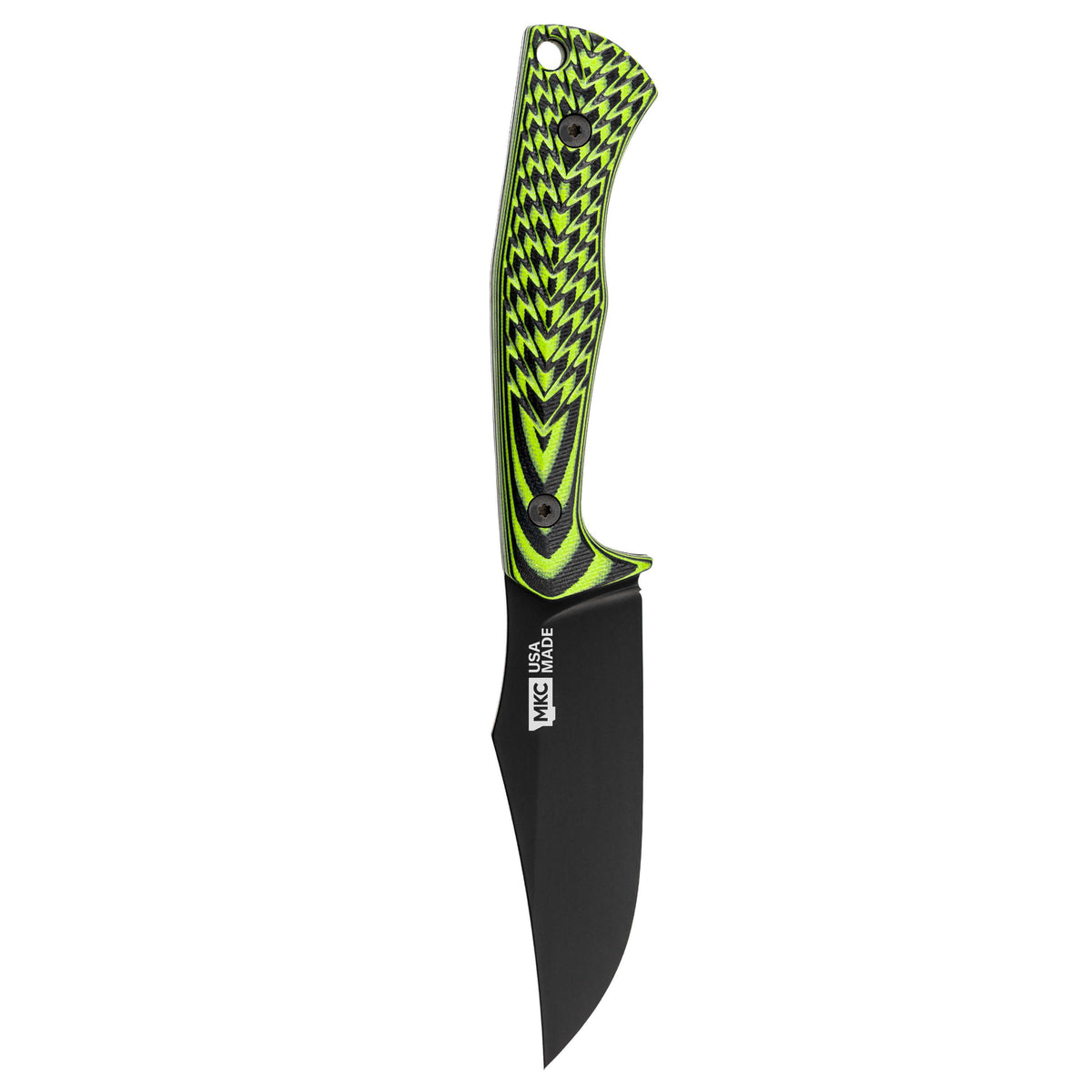 Triumph Pro knife featuring a neon green and black handle with a sleek black blade, designed for outdoor and tactical use.
