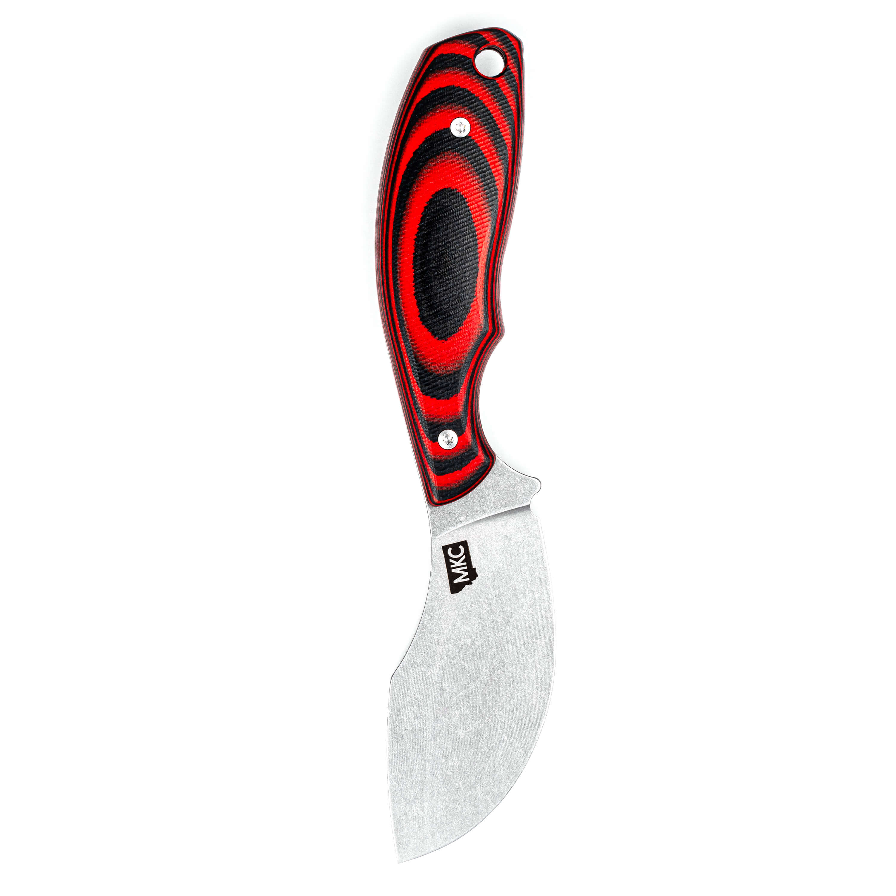 Alt text: "Limited edition 'Keep Hammering' Packout Skinner knife with a striking red and black patterned handle and a curved stainless steel blade, isolated on a white background."