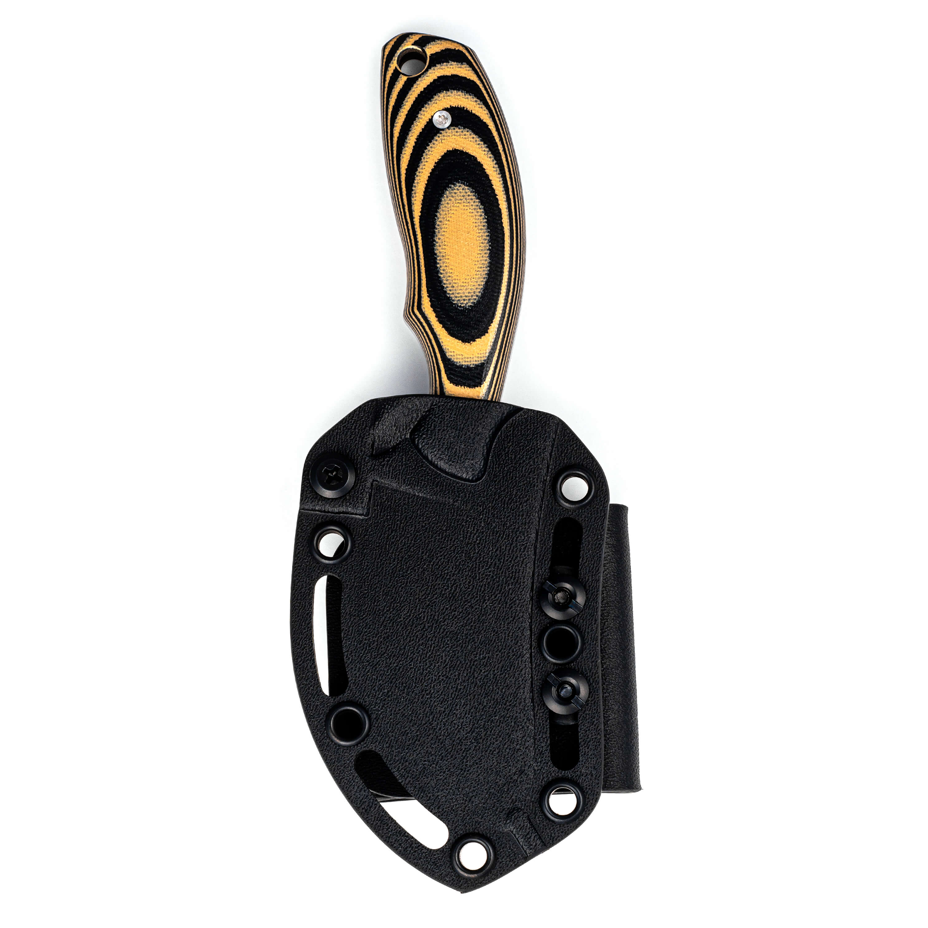 Montana Knife Company's Keep Hammering Packout Skinner with a black sheath and a striking patterned handle.