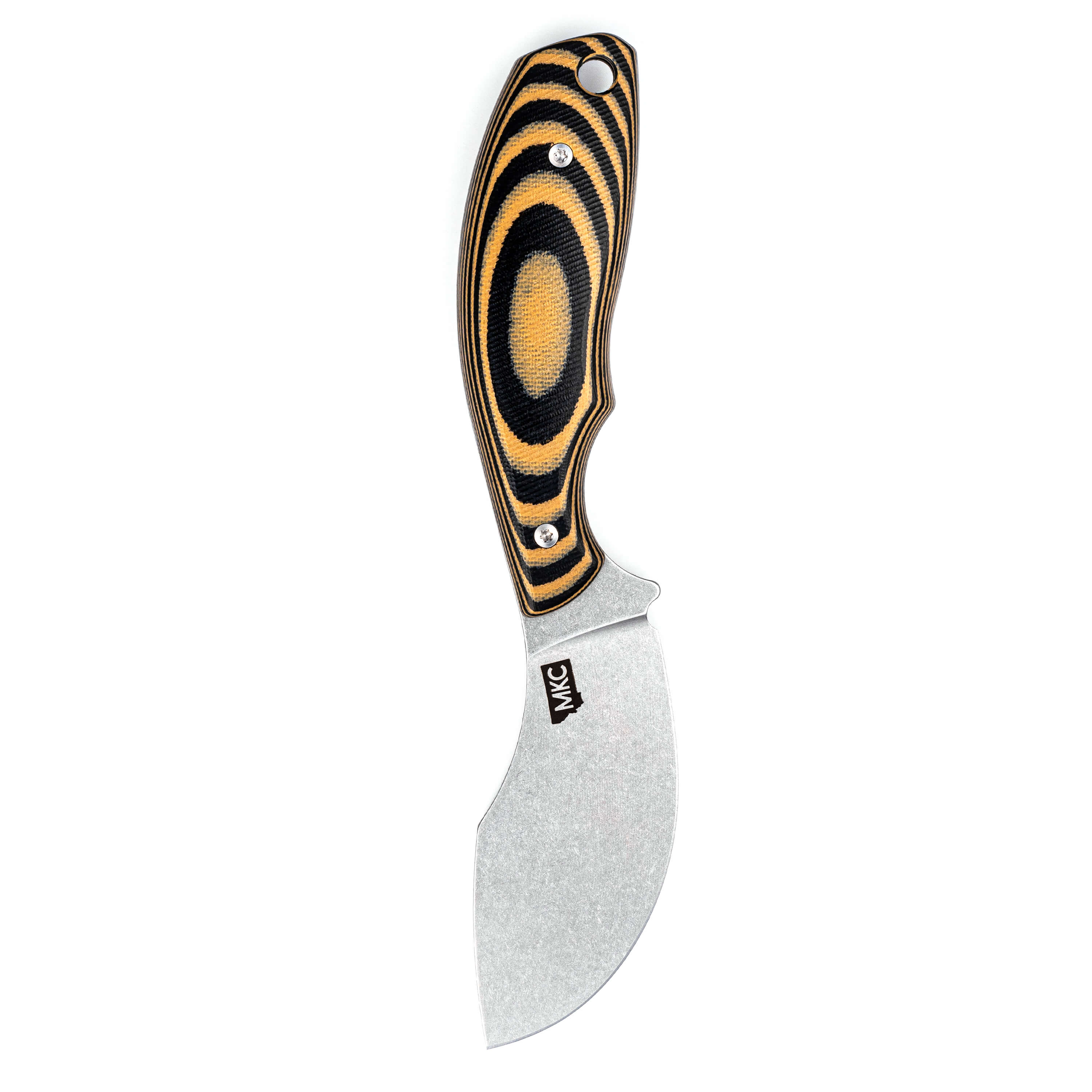 Keep Hammering Packout Skinner knife featuring a curved blade and a black and yellow handle, ideal for outdoor use.