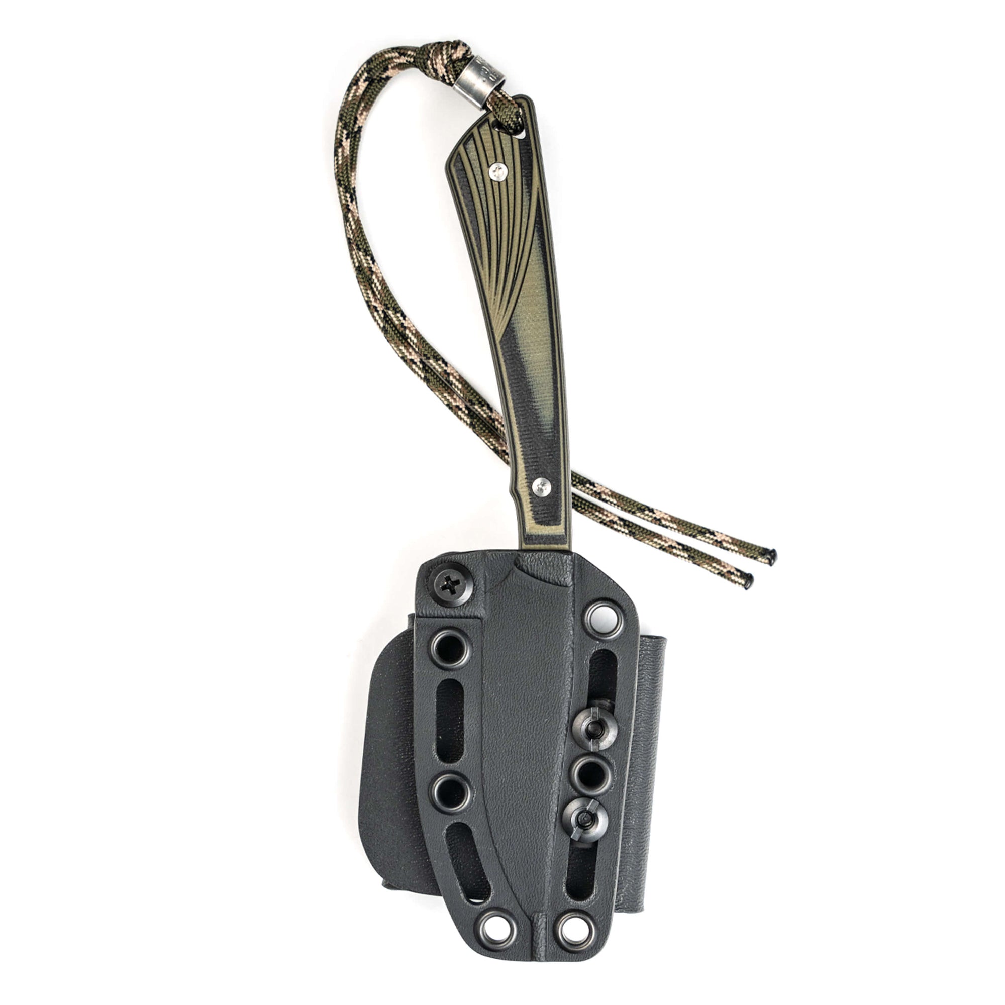 Chêne Freezout knife with a black sheath and paracord lanyard, featuring a sleek handle design for outdoor use.