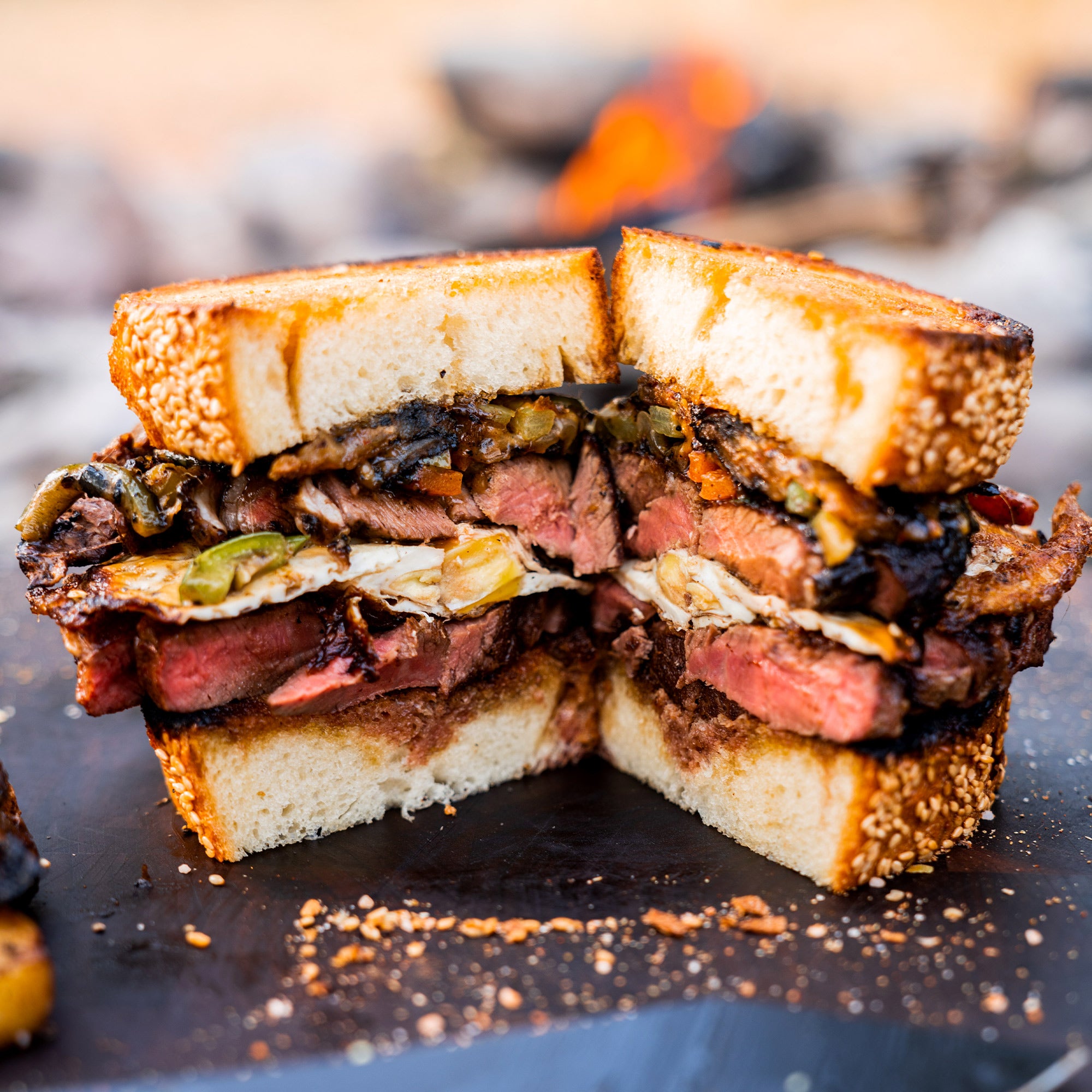 Close-up image of a steak sandwich cut in half, showing juicy medium-rare steak, melted onions, and aromatic spices, served on toasted sesame bread, with a blurred campfire background.