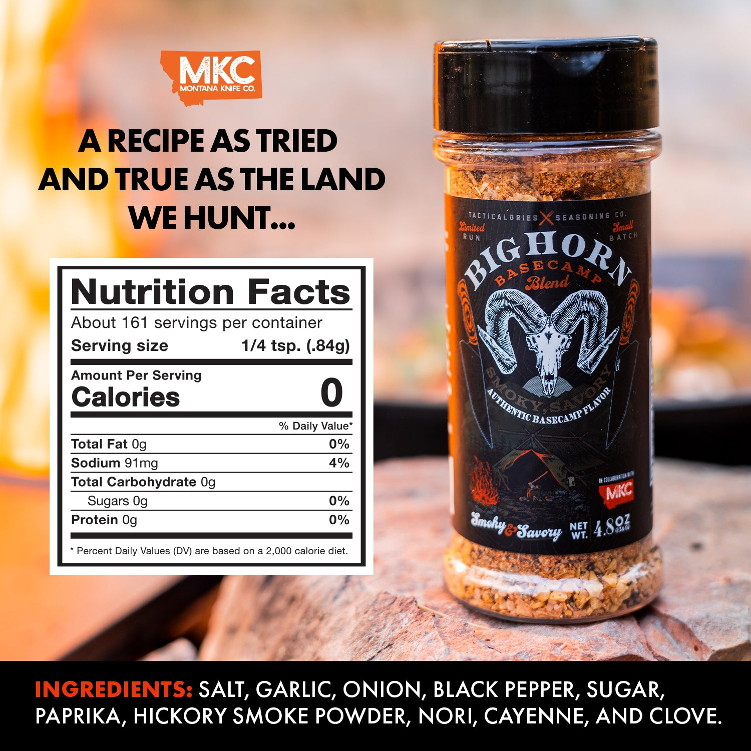 Product image of BIGHORN BASECAMP Blend seasoning by Montana Knife Co., featuring a clear bottle with visible spices, prominently displaying the brand's label with a ram skull logo. The image includes nutritional facts and a list of ingredients like salt, garlic